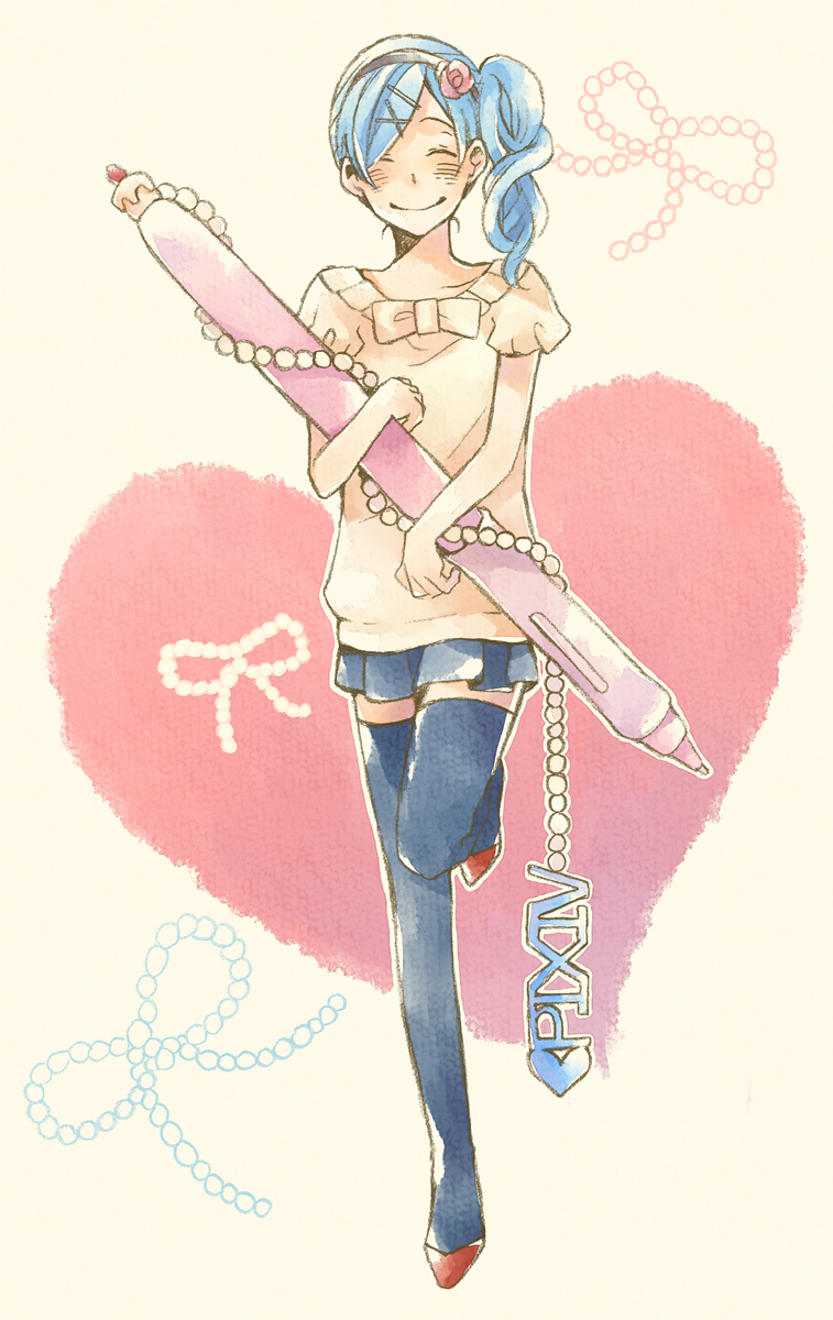 kina (milele), pixiv-tan, pixiv, bad id, bad pixiv id, highres, 1girl, blue hair, blush, female focus, hair ornament, hairclip, miniskirt, pen, side ponytail, skirt, smile, solo, thighhighs, zettai ryouiki
