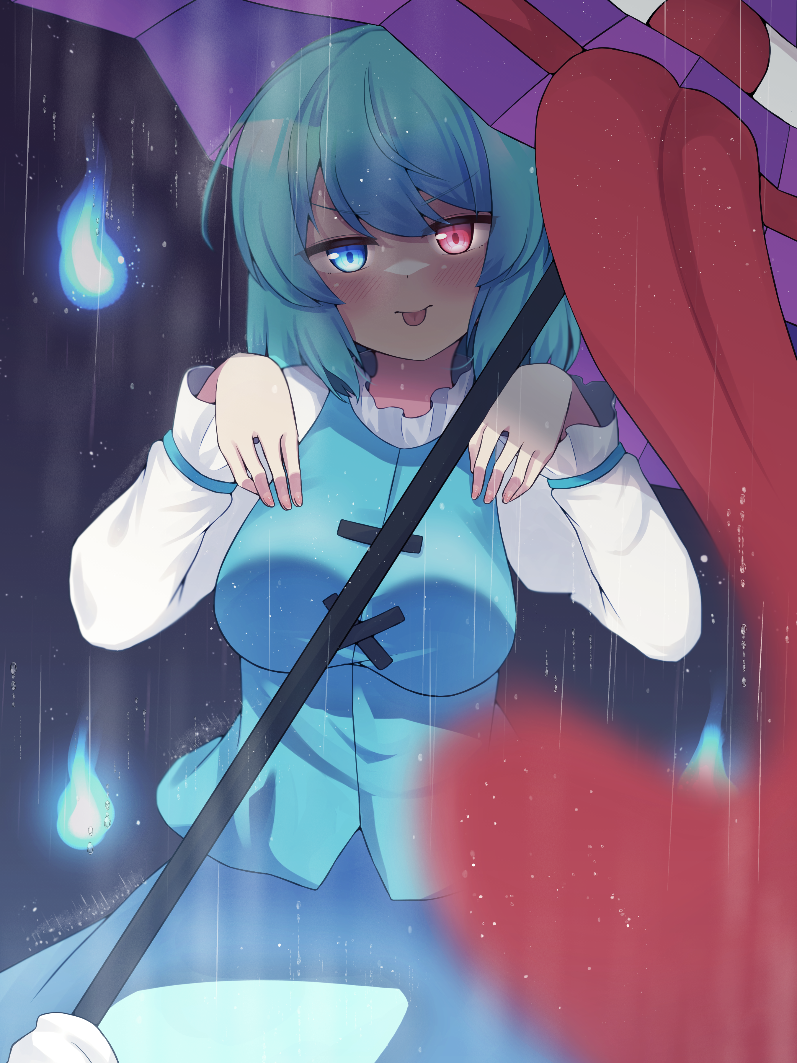 kominato haru, tatara kogasa, touhou, absurdres, commentary request, highres, 1girl, blue eyes, blue hair, blue skirt, blue vest, blurry, blush, breasts, cowboy shot, depth of field, ghost pose, glowing, glowing eyes, hands up, heterochromia, karakasa obake, long sleeves, long tongue, medium breasts, medium hair, purple umbrella, rain, red eyes, shirt, skirt, solo, tongue, tongue out, umbrella, vest, white shirt, will-o'-the-wisp (mythology)