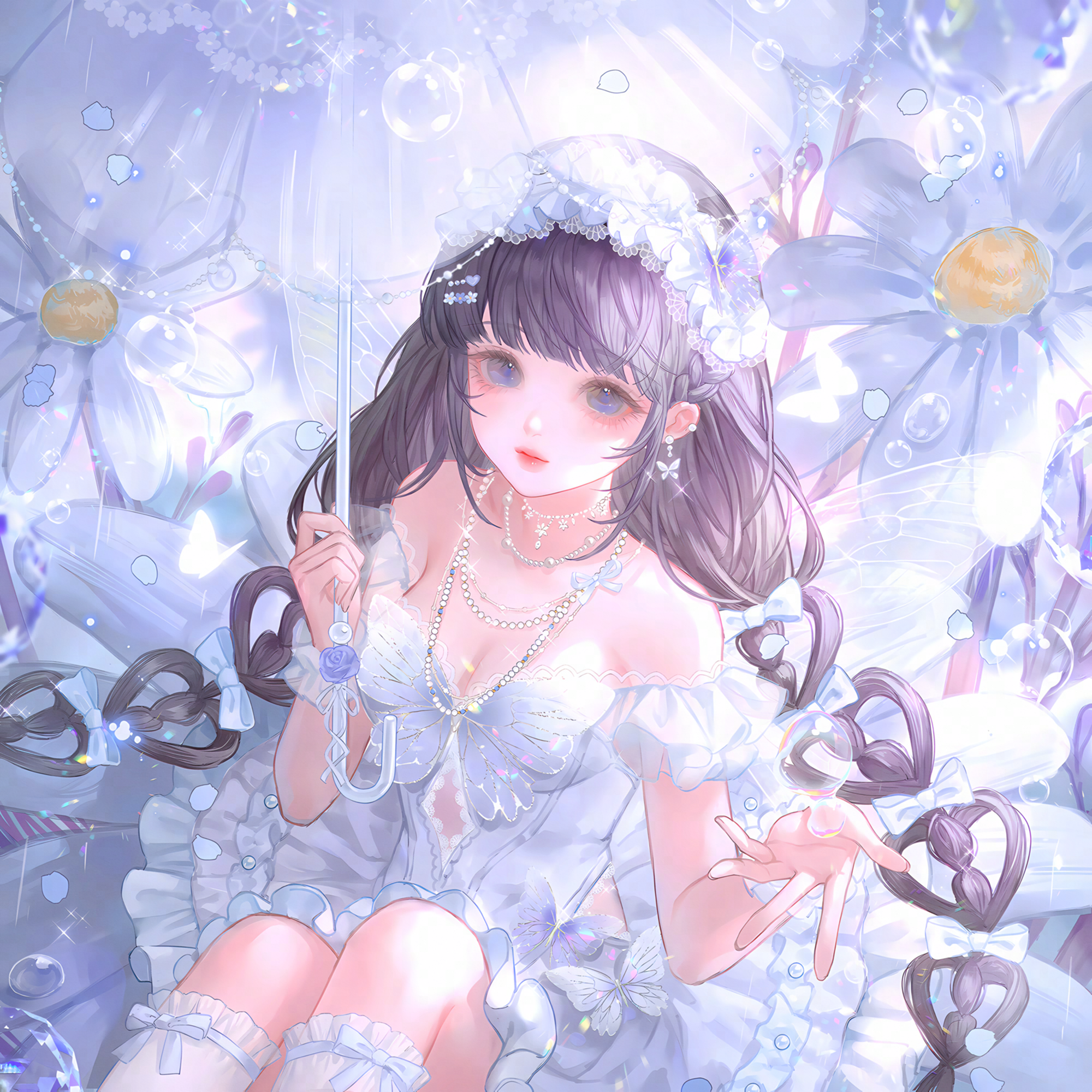 huposuan, original, highres, large variant set, variant set, 1girl, bare shoulders, black hair, blue eyes, bow, braid, breasts, bubble, bug, cleavage, dress, earrings, flower, frilled dress, frills, hair bow, hair ornament, hairband, holding, holding umbrella, jewelry, long hair, looking at viewer, medium breasts, necklace, sitting, solo, twin braids, twintails, umbrella, very long hair, water drop, white bow, white dress, wings