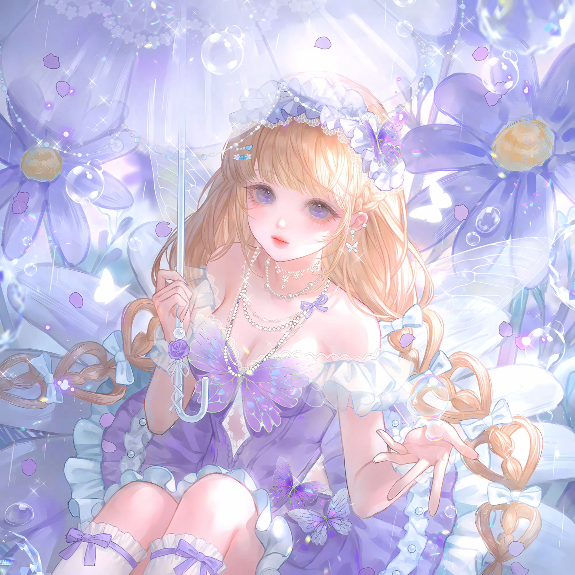 huposuan, original, highres, large variant set, variant set, 1girl, bare shoulders, blonde hair, bow, braid, breasts, bubble, bug, butterfly, cleavage, curtains, dress, earrings, flower, frilled dress, frills, gem, hair bow, hair ornament, hairband, holding, holding umbrella, insect, jewelry, long hair, looking at viewer, medium breasts, necklace, off-shoulder dress, off shoulder, outstretched hand, pearl (gemstone), petals, purple dress, purple eyes, purple flower, sitting, socks, solo, sparkle, twin braids, twintails, umbrella, very long hair, water drop, white bow, wings
