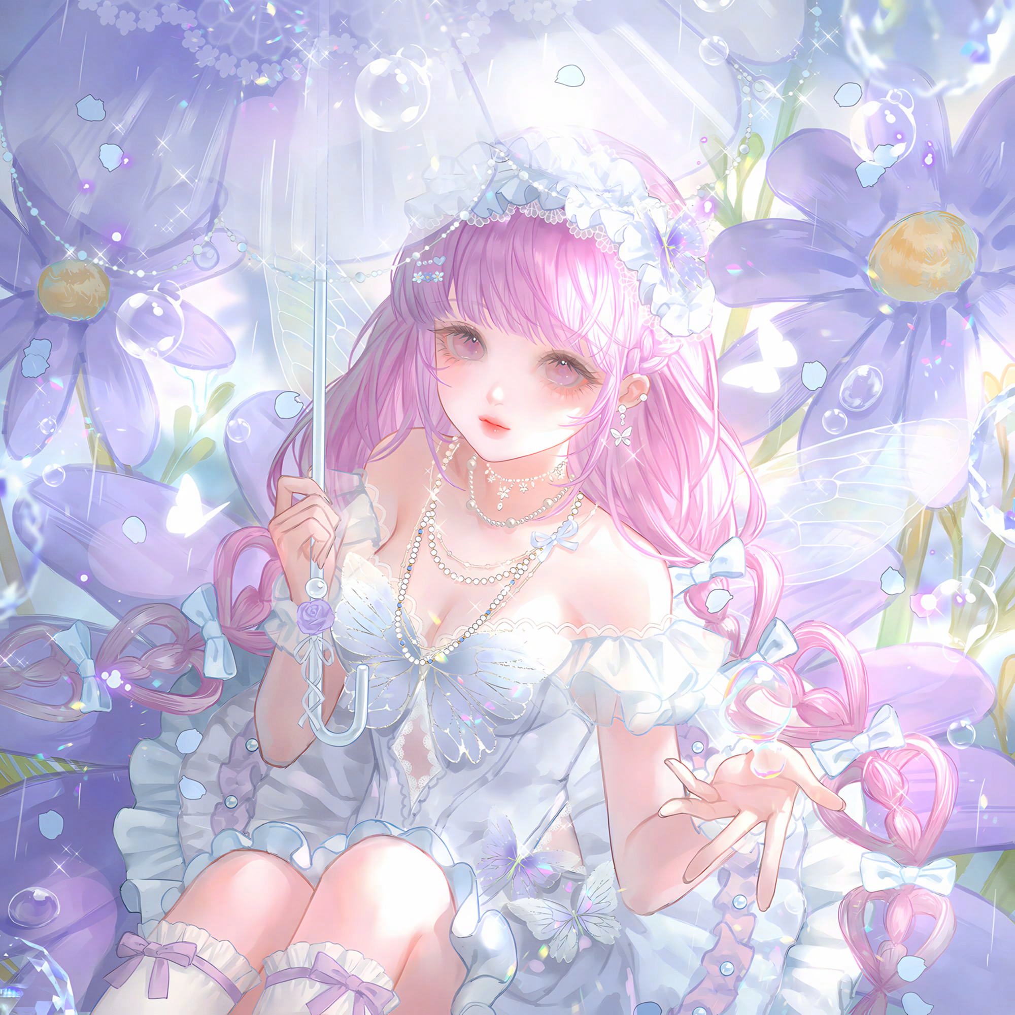huposuan, original, highres, large variant set, variant set, 1girl, bare shoulders, bow, braid, breasts, bug, butterfly, cleavage, dress, earrings, flower, frilled dress, frills, hair bow, hairband, holding, holding umbrella, insect, jewelry, long hair, looking at viewer, medium breasts, necklace, pink eyes, pink hair, purple flower, rain, sitting, socks, solo, sparkle, twin braids, twintails, umbrella, very long hair, water drop, white bow, white dress, wings