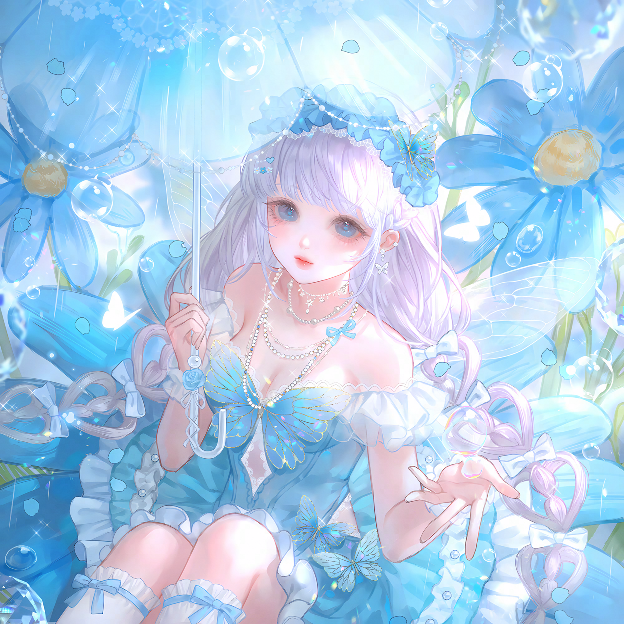 huposuan, original, highres, large variant set, variant set, 1girl, blue dress, blue eyes, blue flower, bow, braid, breasts, bug, butterfly, cleavage, dress, earrings, flower, frilled dress, frills, hair bow, hair ornament, hairband, holding, holding umbrella, insect, jewelry, long hair, looking at viewer, medium breasts, necklace, sitting, solo, twin braids, umbrella, water drop, white hair, wings