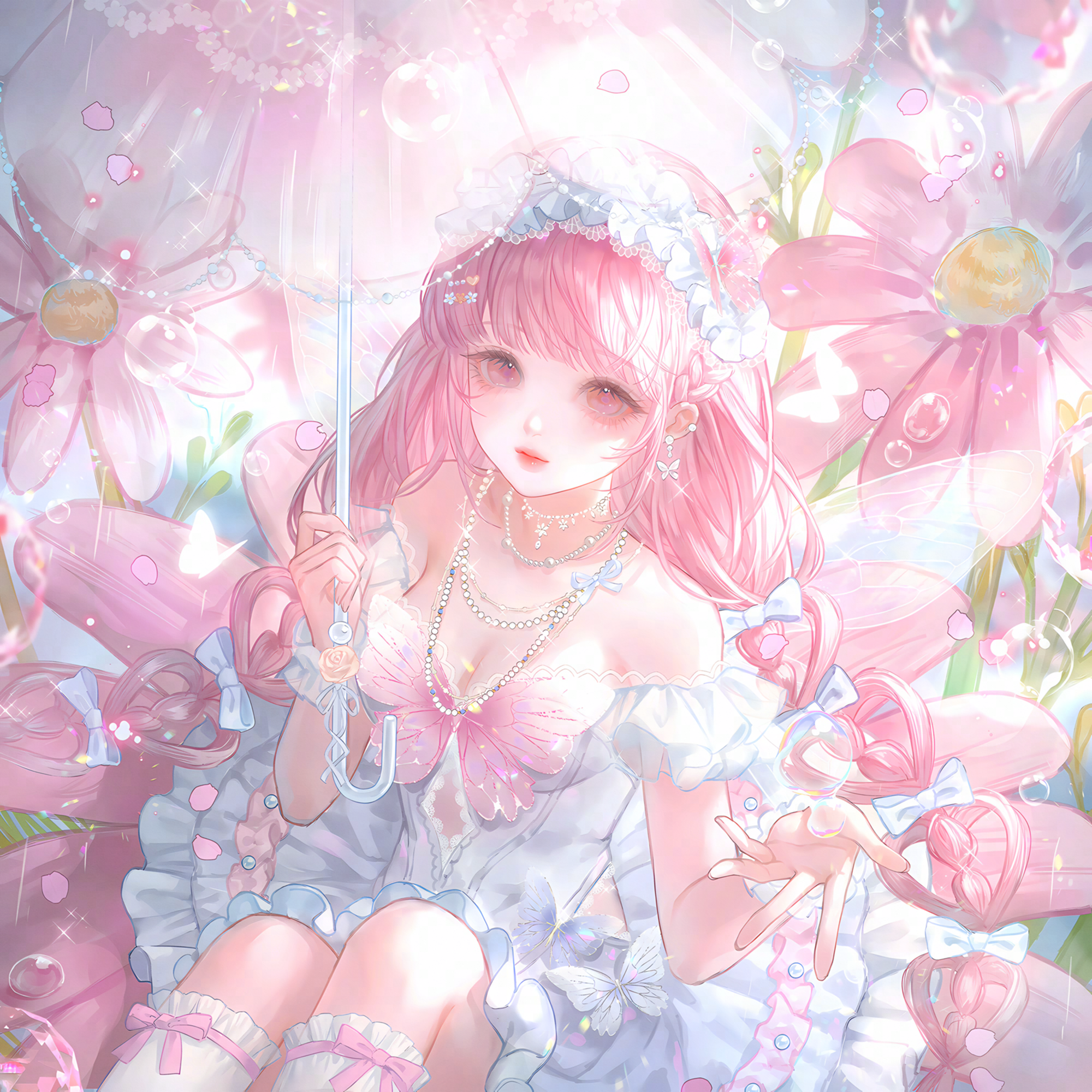 huposuan, original, highres, large variant set, variant set, 1girl, bare shoulders, bow, braid, breasts, bug, cleavage, dress, earrings, flower, frilled dress, frills, hair bow, hair ornament, hairband, holding, holding umbrella, jewelry, long hair, looking at viewer, medium breasts, necklace, petals, pink eyes, pink flower, pink hair, sitting, solo, sparkle, twin braids, umbrella, very long hair, water drop, white bow, white dress, wings