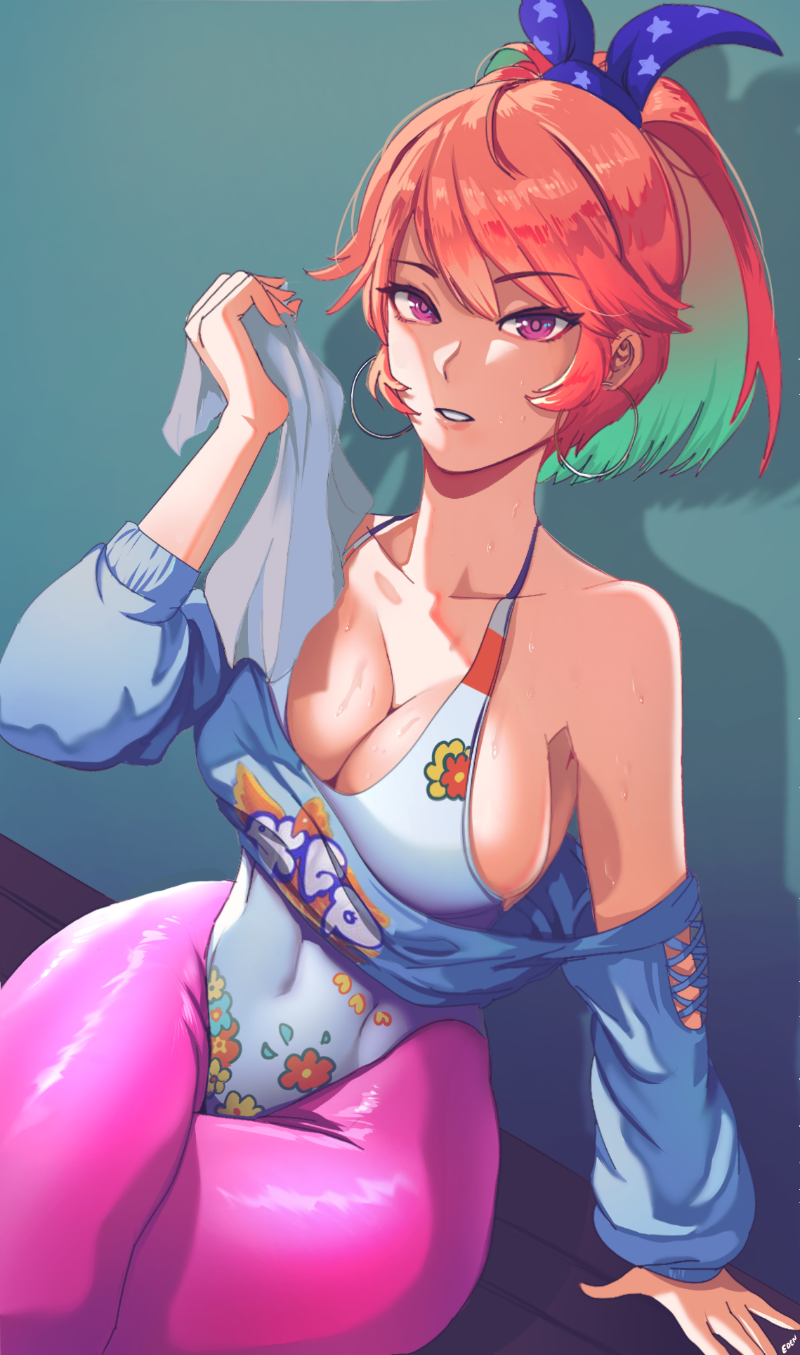 eden exile, takanashi kiara, takanashi kiara (fever night), hololive, hololive english, commentary, english commentary, highres, 1980s fashion, 1girl, against wall, breasts, cleavage, collarbone, earrings, floral print leotard, highleg, highleg leotard, holding, holding towel, hoop earrings, jewelry, large breasts, leggings, leotard, looking at viewer, off-shoulder sweater, off shoulder, official alternate costume, on floor, orange hair, pantyhose, parted lips, pink eyes, pink leggings, ponytail, print leotard, reflective clothes, shadow, simple background, sitting, skin tight, solo, sweat, sweater, towel, virtual youtuber, white leotard