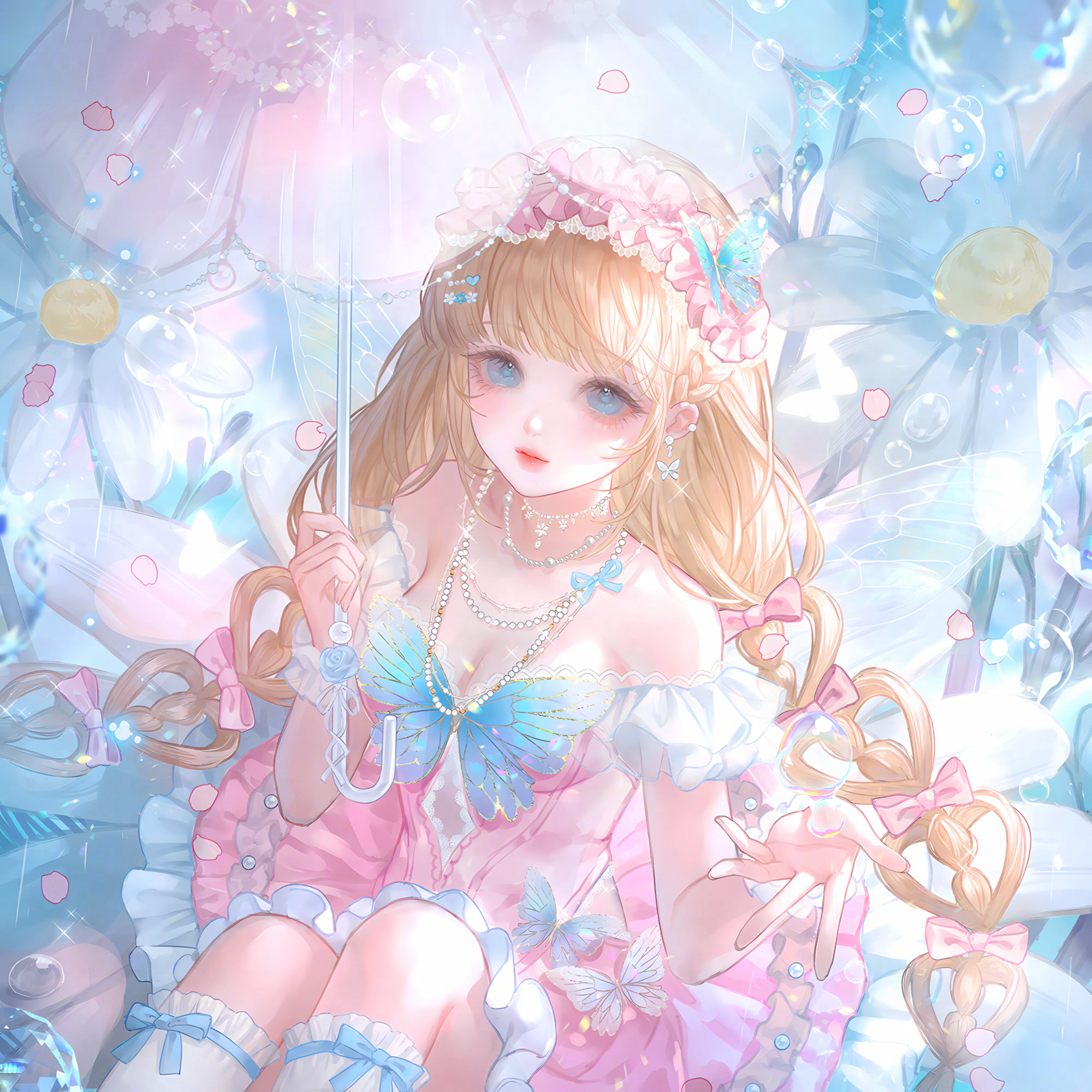 huposuan, original, highres, large variant set, variant set, 1girl, bare shoulders, blonde hair, blue eyes, bow, braid, breasts, bug, butterfly, cleavage, dress, earrings, flower, frilled dress, frills, hair bow, hair ornament, hairband, holding, holding umbrella, insect, jewelry, long hair, looking at viewer, medium breasts, necklace, pink bow, pink dress, sitting, socks, solo, twin braids, twintails, umbrella, water drop, wings