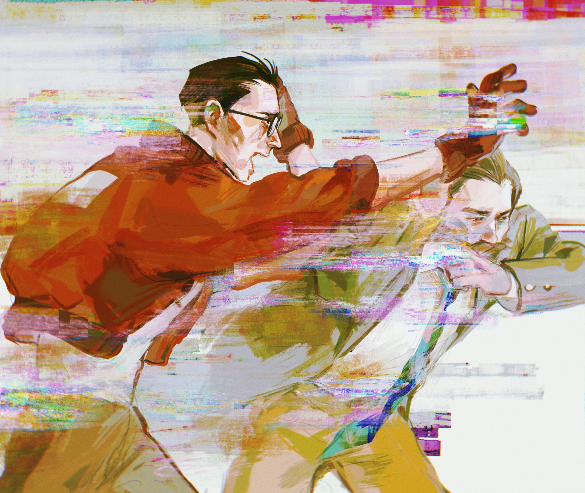 mimulishizi, harry du bois, kim kitsuragi, disco elysium, highres, 2boys, black-framed eyewear, black hair, blue necktie, brown gloves, cowboy shot, facial hair, glasses, glitch, gloves, green jacket, jacket, male focus, multiple boys, mustache, necktie, open mouth, orange jacket, outstretched arm, pants, profile, round eyewear, short hair, standing, yellow pants
