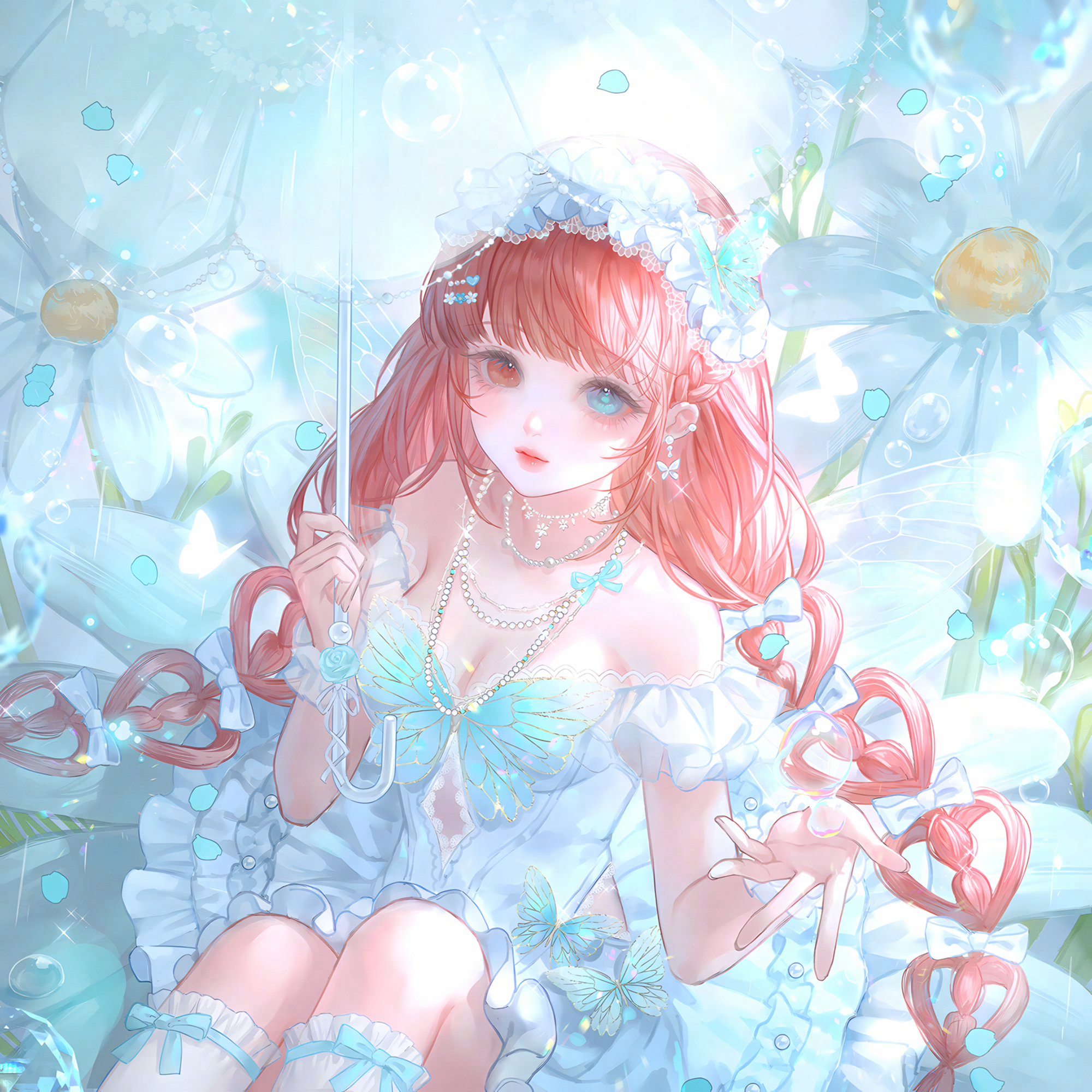 huposuan, original, highres, large variant set, variant set, 1girl, bare shoulders, blue eyes, bow, braid, breasts, bug, butterfly, cleavage, dress, earrings, flower, frills, hair bow, hair ornament, heterochromia, holding, holding umbrella, insect, jewelry, long hair, looking at viewer, medium breasts, necklace, red eyes, red hair, sitting, solo, twin braids, twintails, umbrella, very long hair, water drop, white bow, white dress, white flower, wings