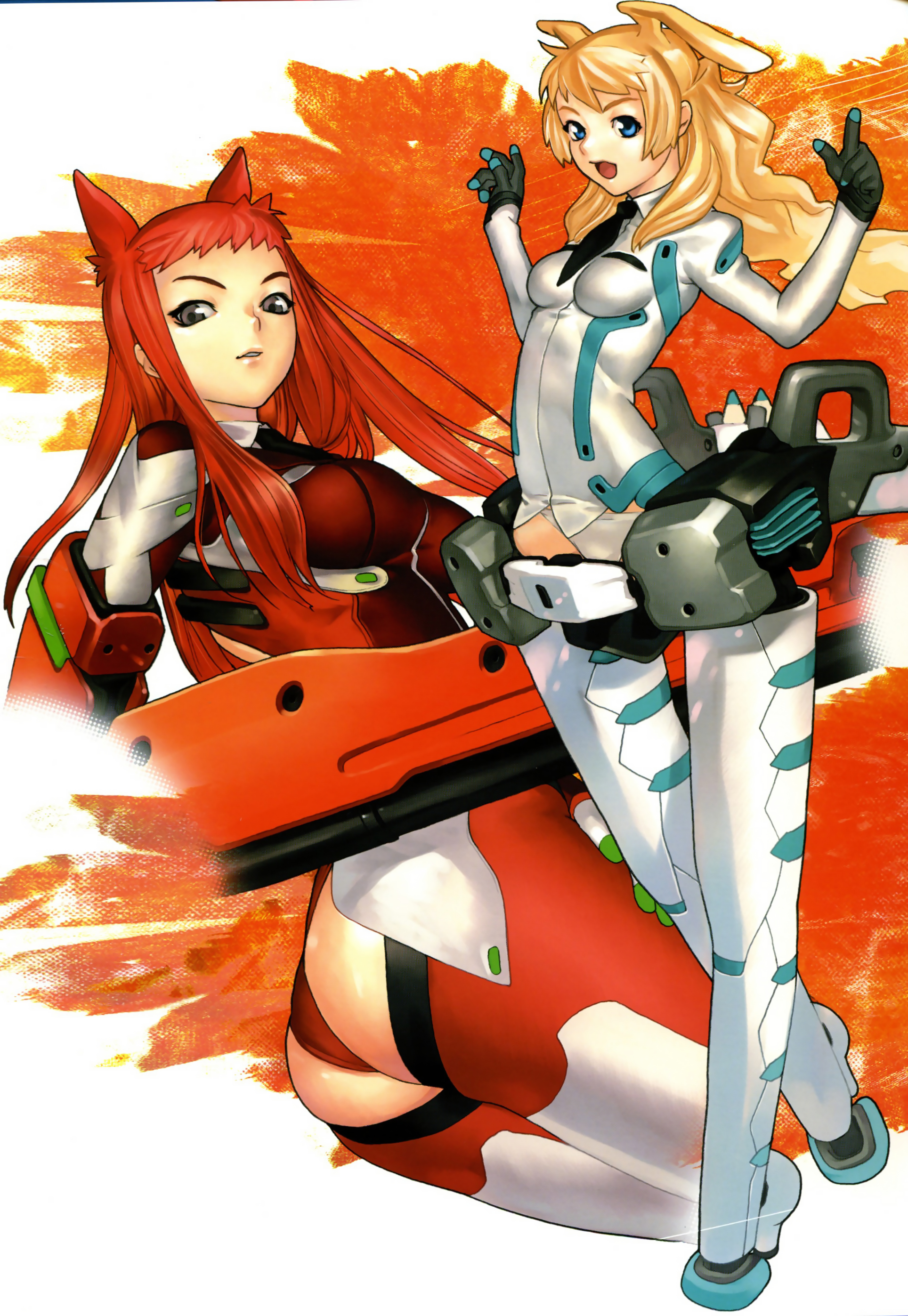 hakua ugetsu, kagerou sabine kurzringer, yuugiri kunigunde morenz, eulen spiegel, eulenspiegel, white legwear, absurdres, highres, official art, scan, 2girls, :d, animal ears, ass, blonde hair, blue eyes, bodysuit, boots, breasts, dutch angle, gloves, grey eyes, gun, huge weapon, impossible clothes, large breasts, long hair, looking at viewer, looking back, mecha musume, multiple girls, necktie, open mouth, outstretched arms, panties, pointing, profile, red hair, red panties, sidelocks, smile, spread arms, standing, thigh boots, thighhighs, tiptoes, underwear, wavy hair, weapon, white panties, wind