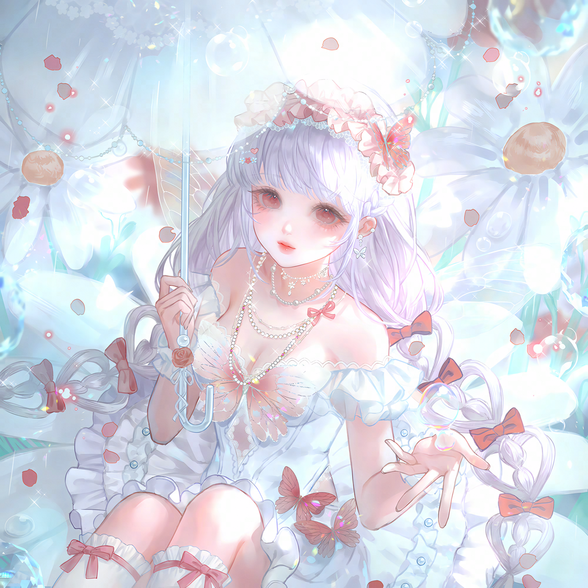 huposuan, original, highres, large variant set, variant set, 1girl, bare shoulders, bow, braid, breasts, bubble, bug, butterfly, cleavage, dress, earrings, flower, frills, hair bow, hair ornament, holding, holding umbrella, insect, jewelry, long hair, looking at viewer, medium breasts, necklace, parasol, red bow, red eyes, sitting, solo, twin braids, umbrella, very long hair, white dress, white hair