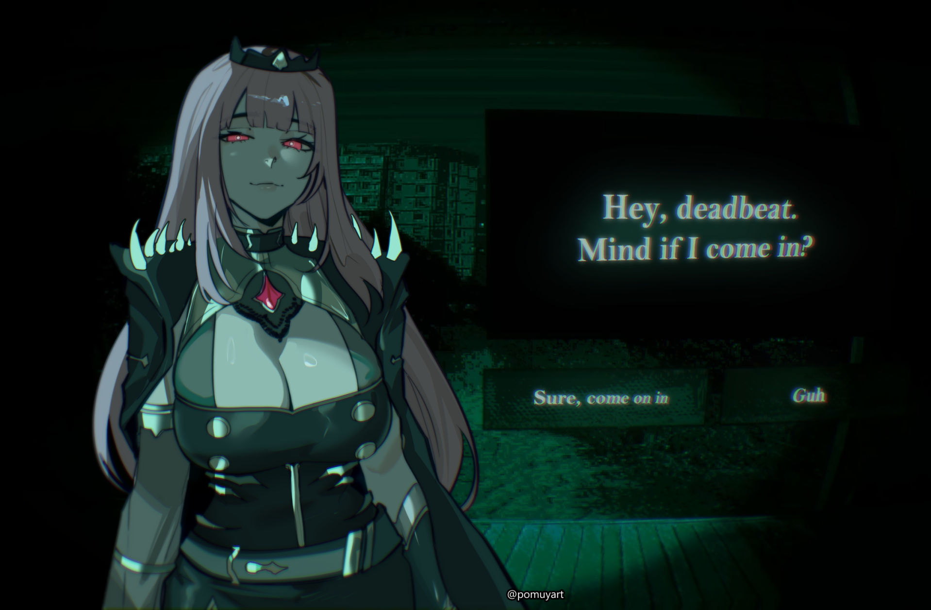 pomuya, mori calliope, hololive, hololive english, highres, 1girl, black dress, breasts, buttons, cleavage, dress, english text, large breasts, looking at viewer, red eyes, smile, solo, tiara