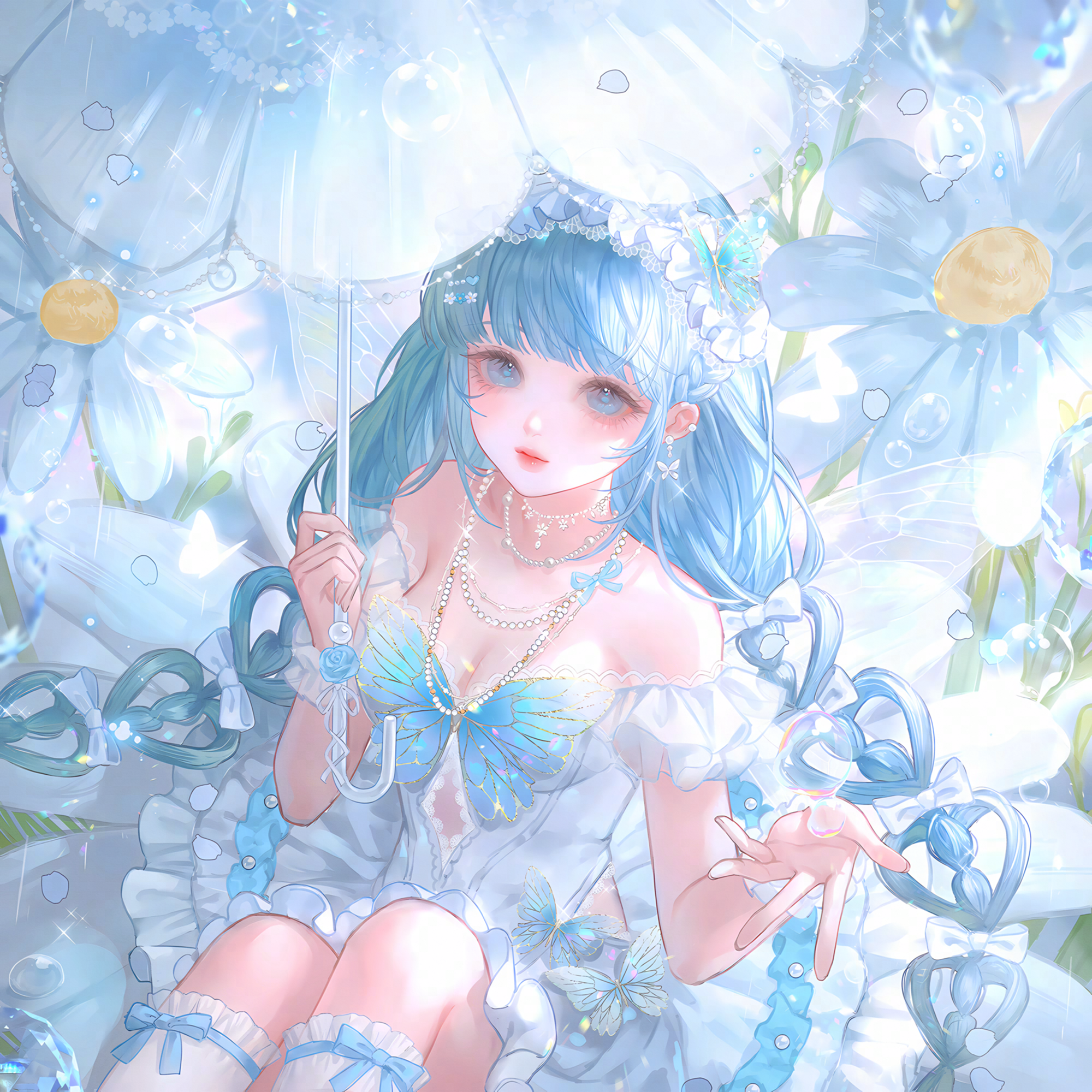 huposuan, original, highres, large variant set, variant set, 1girl, bare shoulders, blue eyes, blue hair, bow, braid, breasts, bug, butterfly, cleavage, dress, earrings, flower, frilled dress, frills, hair bow, holding, holding umbrella, insect, jewelry, long hair, looking at viewer, medium breasts, necklace, sitting, solo, transparent, twin braids, umbrella, very long hair, water drop, white dress, wings