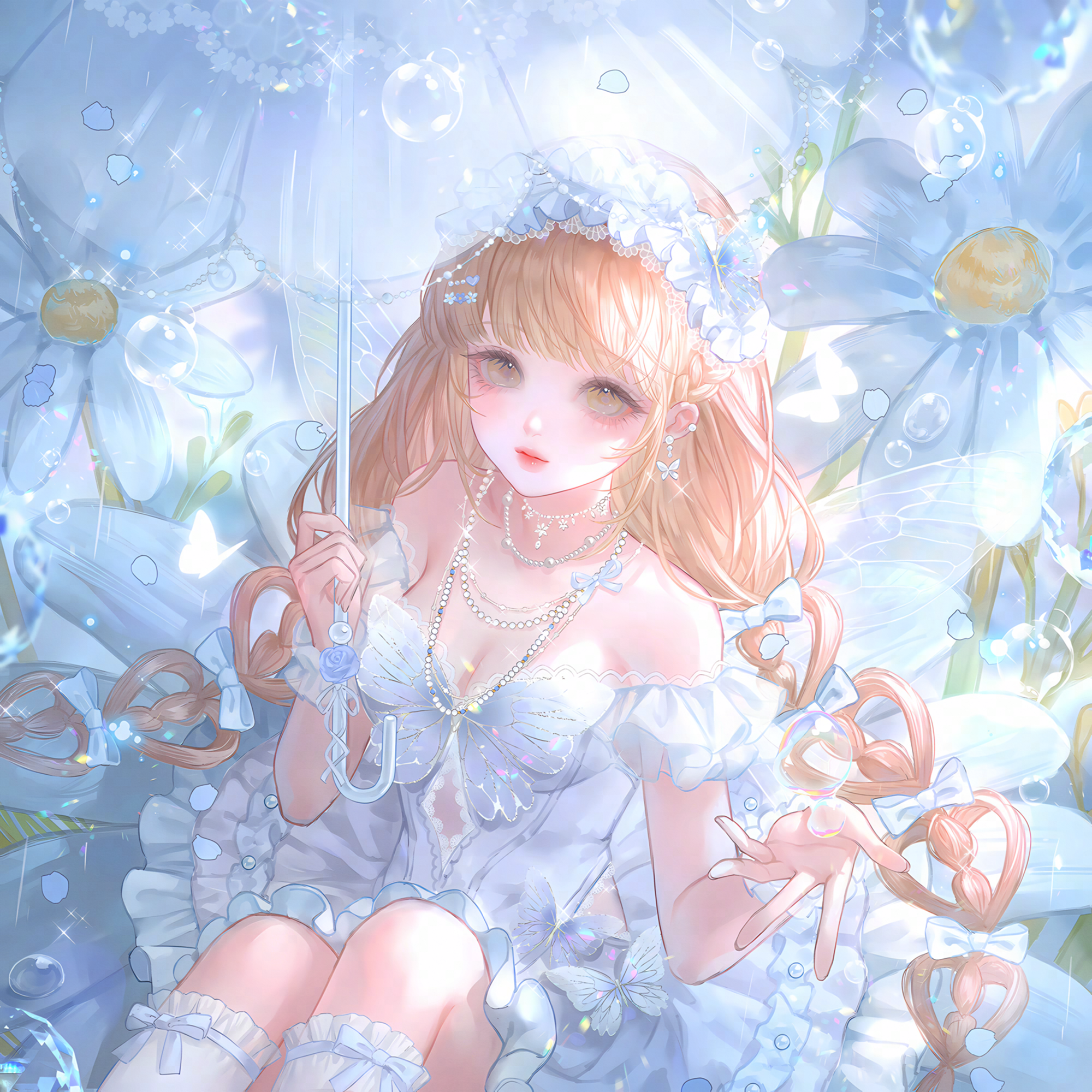 huposuan, original, highres, large variant set, variant set, 1girl, bare shoulders, blonde hair, bow, braid, breasts, brown eyes, bubble, bug, butterfly, cleavage, dress, earrings, flower, frilled dress, frills, hair bow, hair ornament, hairband, holding, holding umbrella, insect, jewelry, long hair, looking at viewer, medium breasts, necklace, sitting, socks, solo, twin braids, umbrella, water drop, white dress, white flower, wings