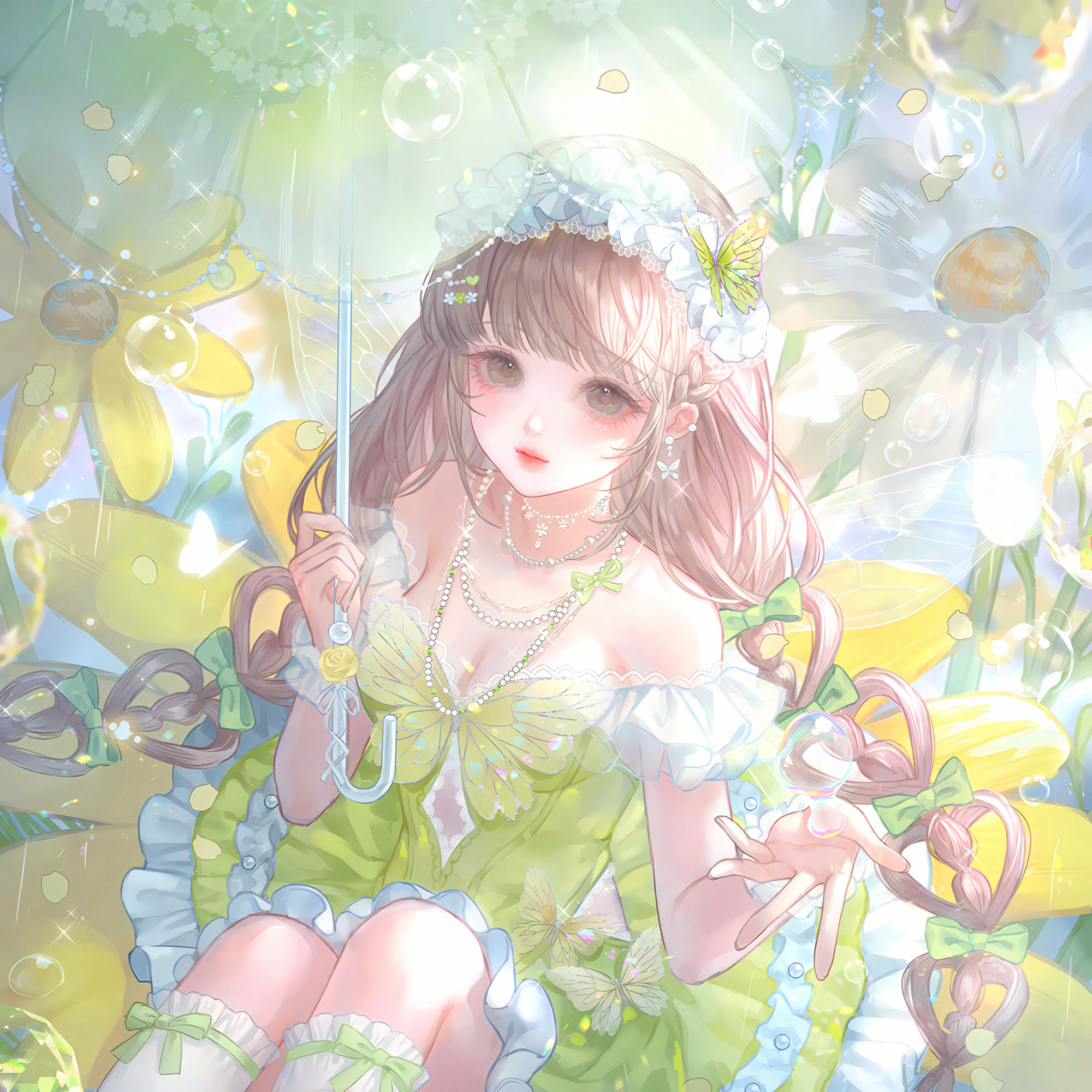 huposuan, original, highres, large variant set, variant set, 1girl, bow, braid, breasts, brown eyes, brown hair, bug, butterfly, cleavage, dress, earrings, flower, frilled dress, frills, green bow, green dress, hair bow, hair ornament, hairband, holding, holding umbrella, insect, jewelry, long hair, looking at viewer, medium breasts, necklace, sitting, socks, solo, twin braids, umbrella, water drop