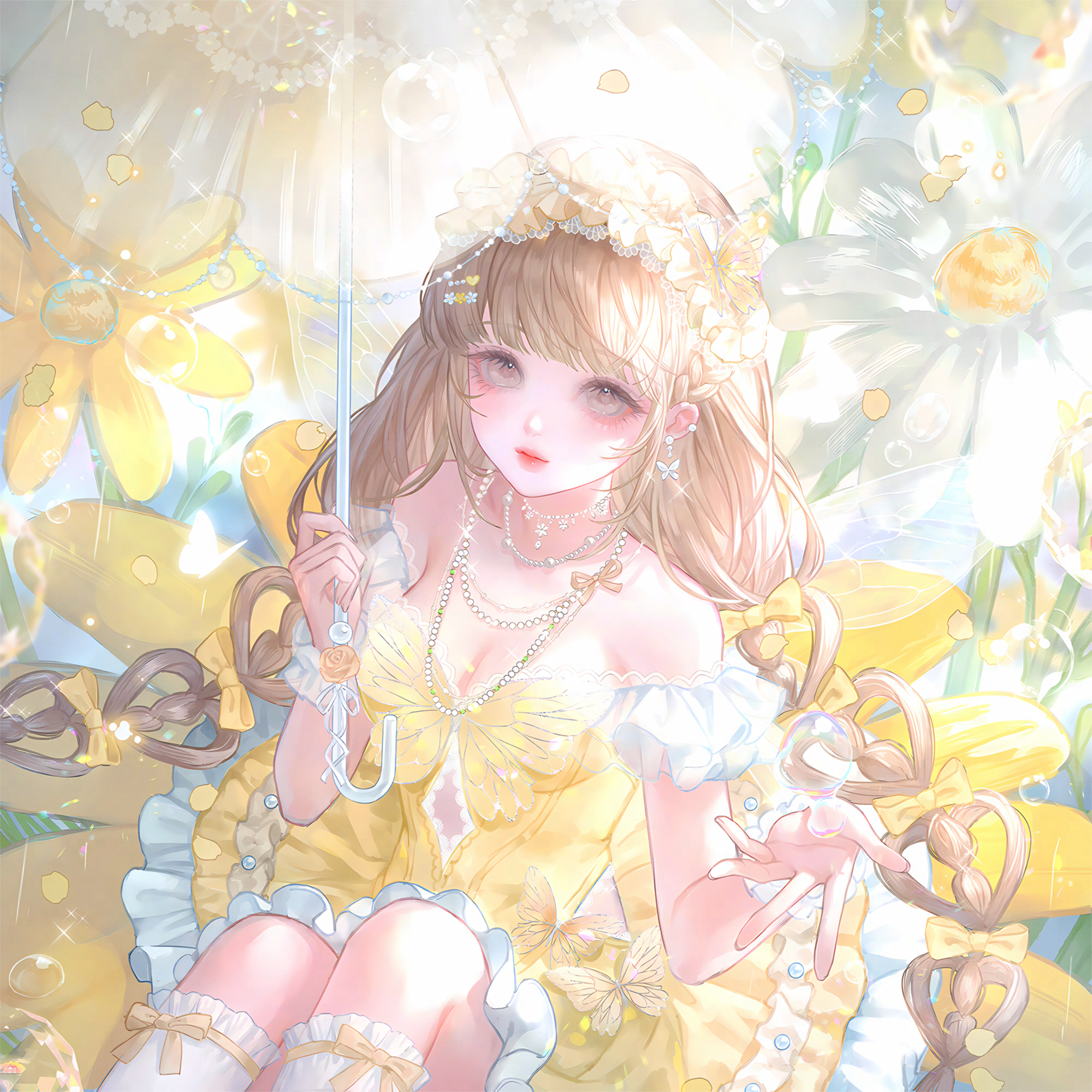 huposuan, original, highres, large variant set, variant set, 1girl, bare shoulders, bow, braid, breasts, brown hair, bug, cleavage, closed mouth, dress, earrings, flower, frilled dress, frills, hair bow, hair ornament, holding, holding umbrella, jewelry, long hair, looking at viewer, medium breasts, necklace, sitting, socks, solo, twintails, umbrella, very long hair, water drop, yellow bow, yellow dress, yellow flower