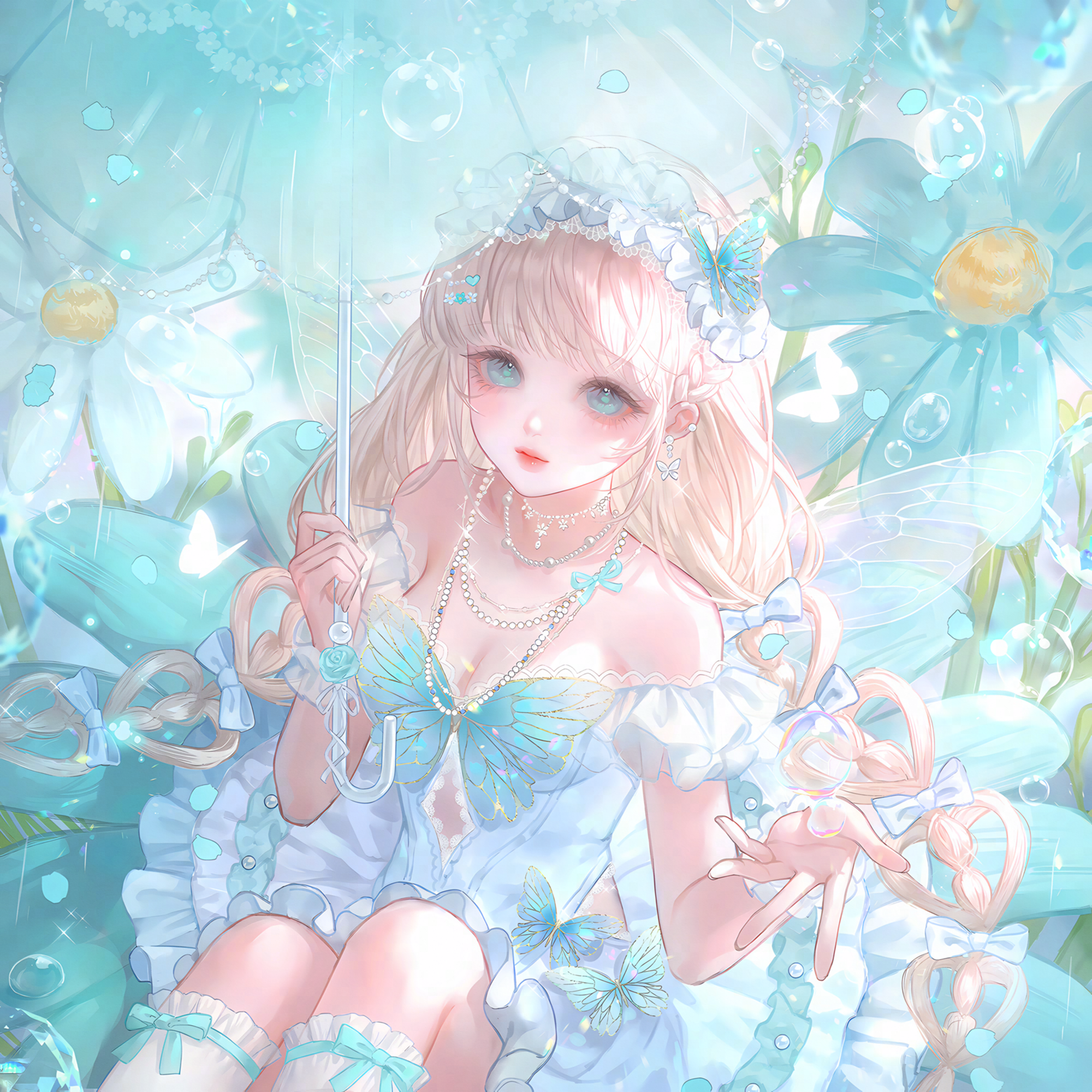 huposuan, original, highres, large variant set, variant set, 1girl, bare shoulders, blonde hair, blue eyes, bow, braid, breasts, bug, butterfly, butterfly wings, cleavage, dress, earrings, flower, frills, hair bow, hair ornament, hairband, holding, holding umbrella, insect, insect wings, jewelry, long hair, looking at viewer, medium breasts, necklace, sitting, solo, twintails, umbrella, water drop, white dress, wings