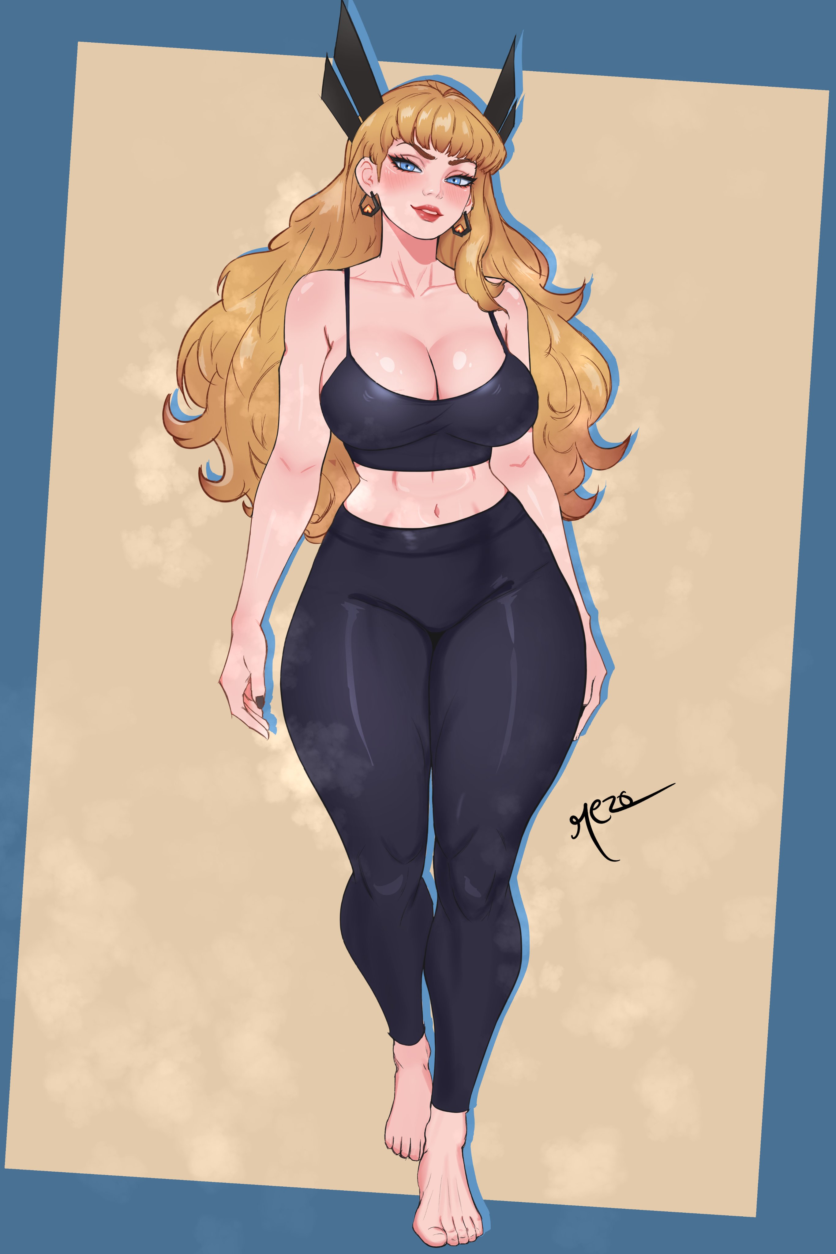 re zoart, magik (x-men), marvel, marvel rivals, absurdres, commentary, english commentary, highres, 1girl, abs, artist name, bare shoulders, barefoot, black pants, black shirt, blonde hair, blue eyes, blush, breasts, cleavage, crop top, earrings, full body, grin, jewelry, large breasts, long hair, looking at viewer, midriff, navel, pants, seductive smile, shirt, smile, solo, toned, toned female, yoga pants