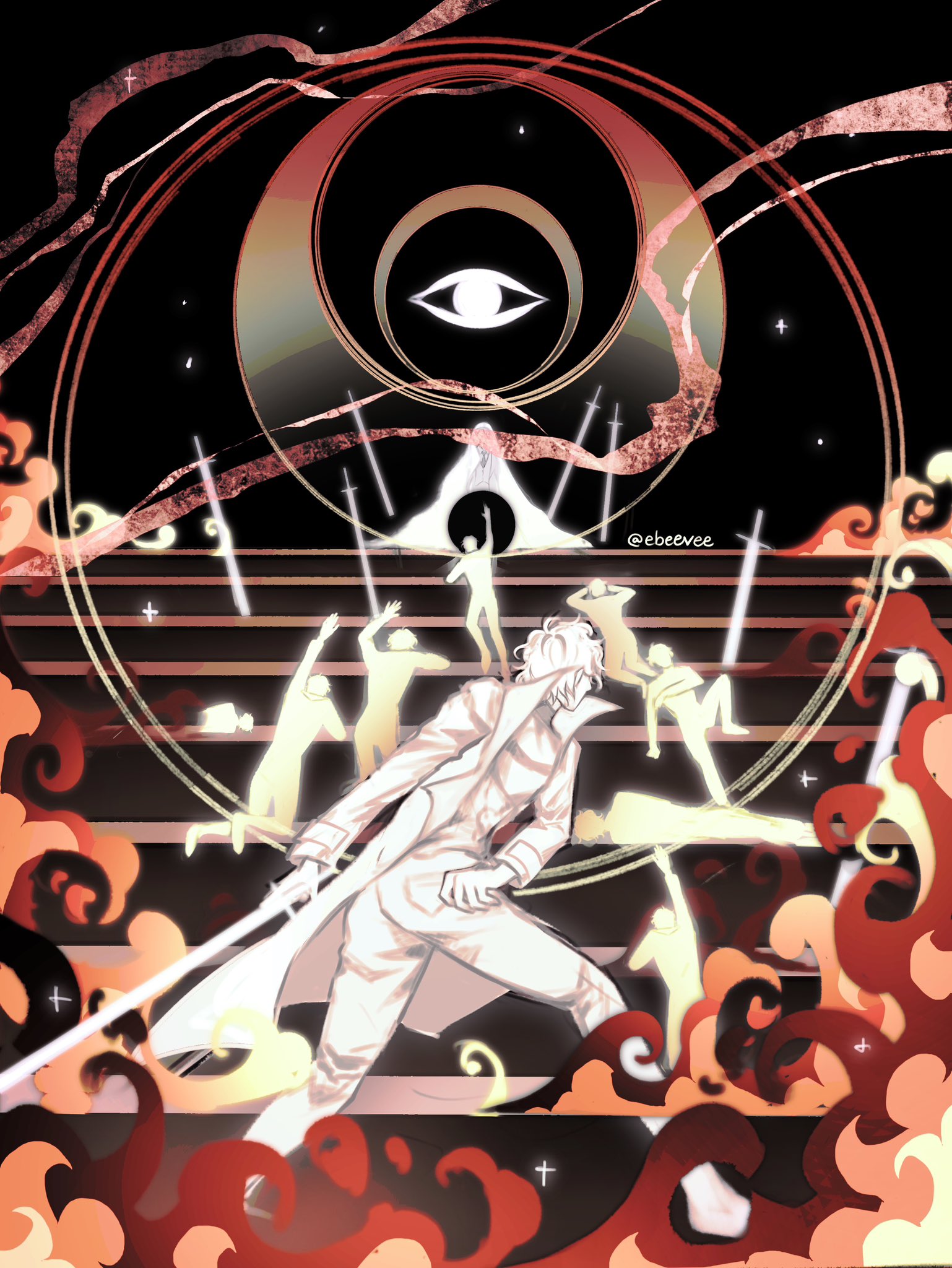 evie (baoxiao), secretive plotter, yoo joonghyuk, omniscient reader's viewpoint, highres, 1boy, 1other, abstract, ass, censored, censored identity, cloak, coat, crawling, disembodied eye, dual persona, eclipse, from behind, glowing, holding, holding sword, holding weapon, hood, hood up, hooded cloak, male focus, night, open clothes, open coat, orange theme, people, popped collar, reaching, reaching towards another, short hair, sky, sparkle, stairs, star (sky), starry sky, sword, weapon, white hair