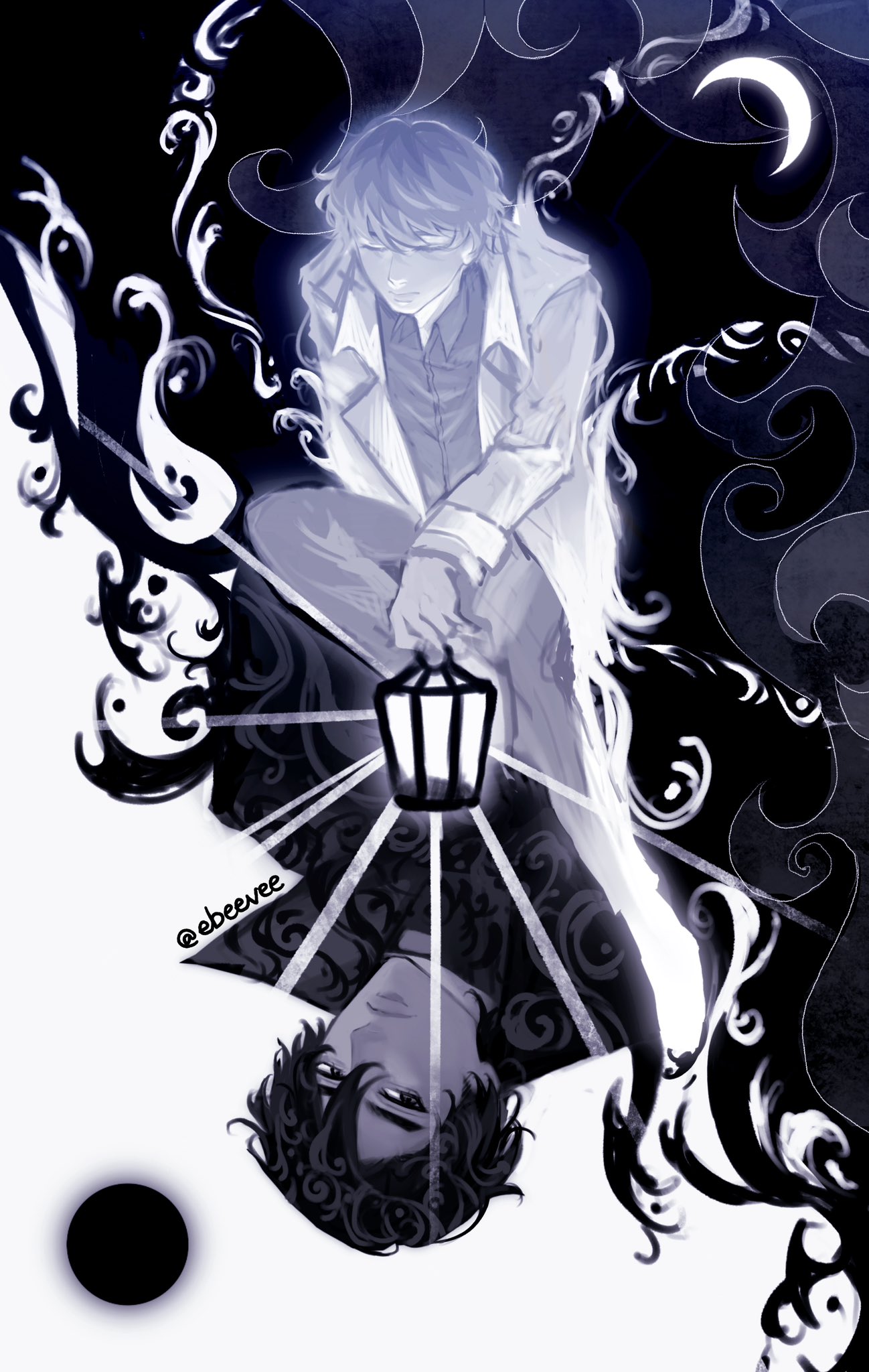 evie (baoxiao), kim dokja, yoo joonghyuk, omniscient reader's viewpoint, highres, 2boys, arm behind back, black coat, black eyes, black hair, black shirt, closed eyes, coat, collared shirt, color contrast, crescent moon, different shadow, fading, full body, grey hair, grey shirt, hair between eyes, holding, holding lantern, lantern, light rays, male focus, moon, multiple boys, new moon, shirt, short hair, swirl, white coat