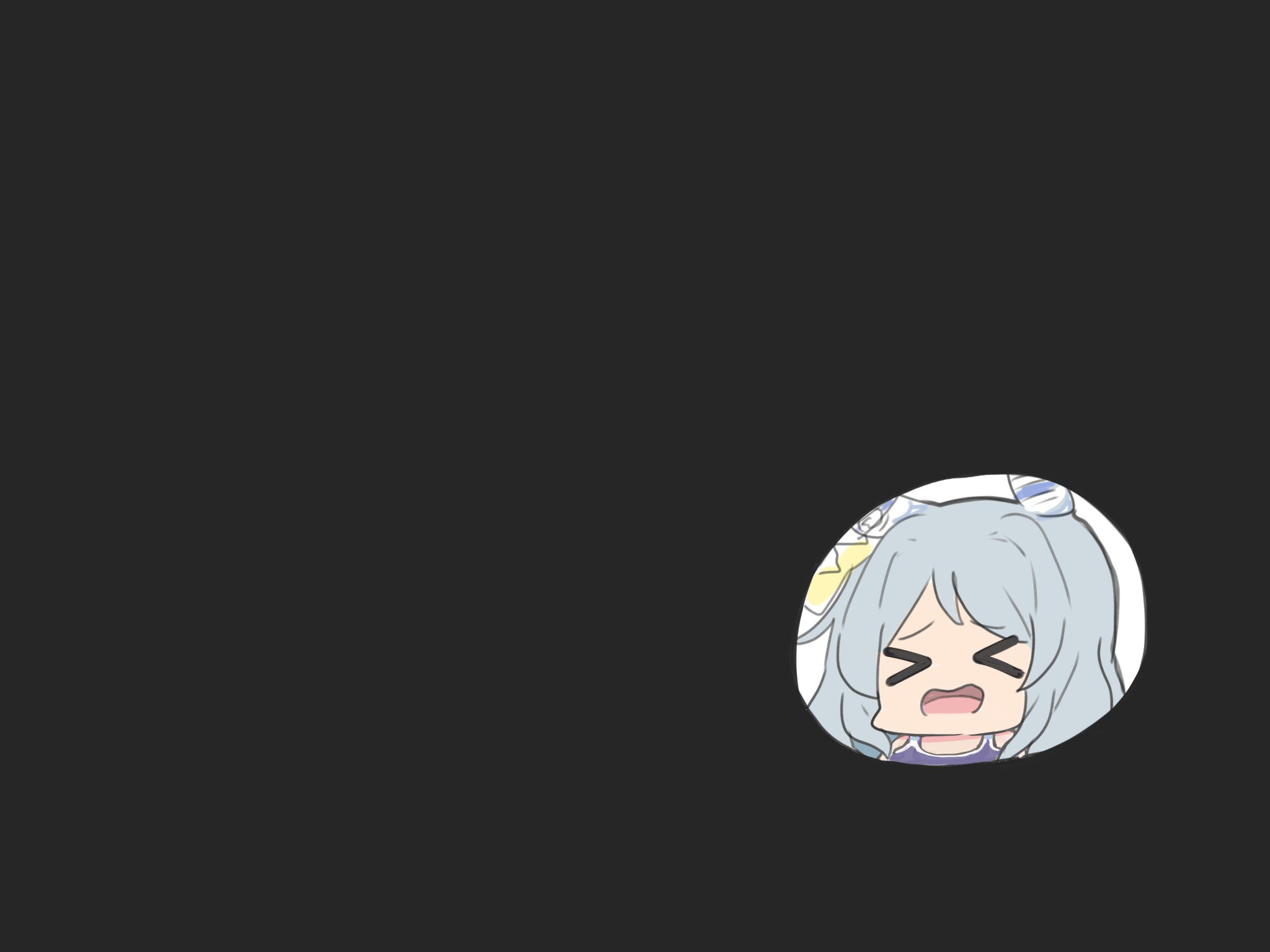 kawamochi (tddm3573), hishi miracle (umamusume), umamusume, highres, > <, 1girl, animal ears, black background, chibi, closed eyes, facing viewer, grey hair, horse ears, one-piece swimsuit, open mouth, purple one-piece swimsuit, solo, swimsuit, wavy mouth