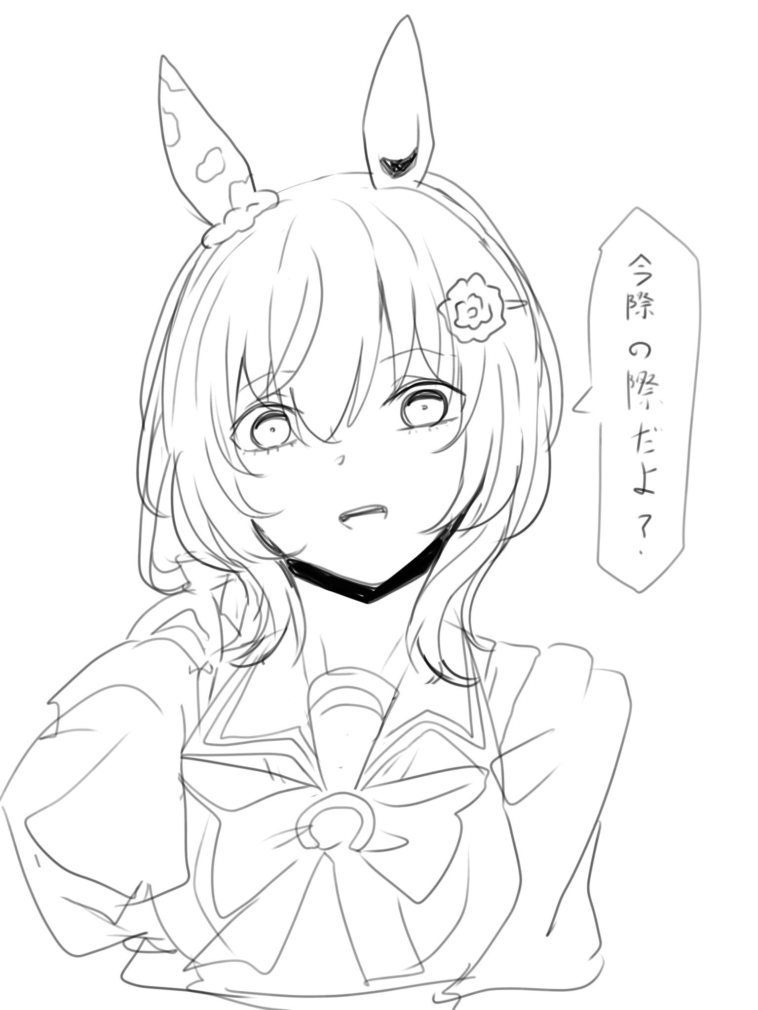 kawamochi (tddm3573), seiun sky (umamusume), umamusume, highres, translation request, 1girl, :d, animal ears, bow, cropped torso, flower, greyscale, hair between eyes, hair flower, hair ornament, hairclip, hand up, horse ears, long sleeves, looking at viewer, monochrome, open mouth, school uniform, shirt, simple background, sketch, smile, solo, tracen school uniform, upper body, white background