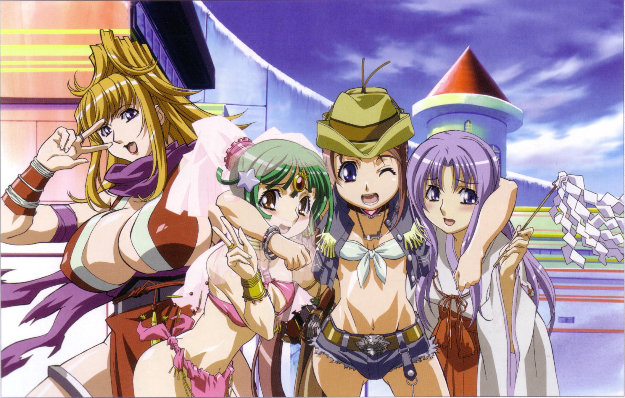 oobari masami, eina, gusuku luna, gusuku runa, leele, tachibana mizuki, angel blade, choujuushin gravion, choujuushin gravion zwei, highres, official art, 4girls, blonde hair, blue eyes, breasts, brown hair, cleavage, cosplay, cowboy hat, cowboy western, dancer, denim, denim shorts, fringe trim, green hair, gun, hakama, hakama skirt, handgun, hat, holster, huge breasts, japanese clothes, jewelry, lipstick, long hair, makeup, midriff, miko, multiple girls, ninja, open mouth, photo (object), pistol, purple hair, red hakama, revolver, short shorts, shorts, skirt, smile, thighhighs, v, veil, weapon