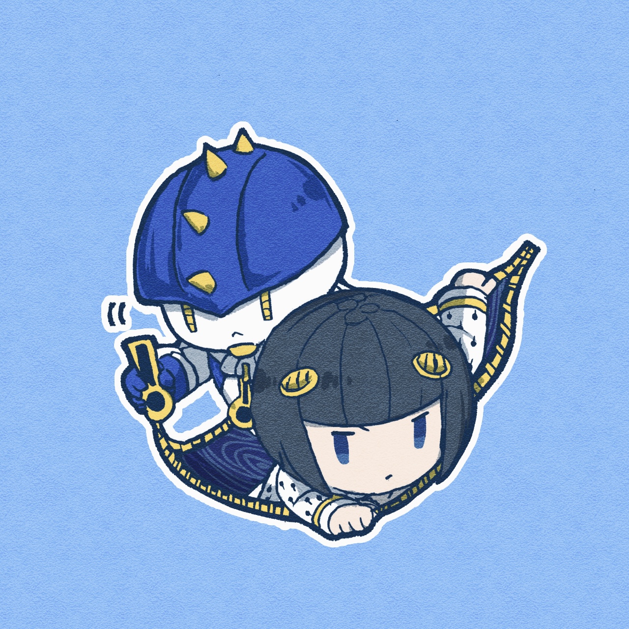 kasasagi (hinagi), bruno bucciarati, sticky fingers (stand), jojo no kimyou na bouken, vento aureo, highres, 1boy, :<, black hair, blue background, blue eyes, blunt bangs, bowl cut, chibi, chibi only, hair ornament, jacket, male focus, short hair, stand (jojo), white jacket, zipper, zipper pull tab
