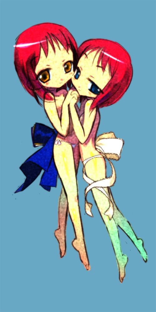 andou shuki, hisui (tsukihime), kohaku (tsukihime), tsukihime, bad id, bad pixiv id, 00s, 2girls, aged down, blue eyes, loli, multiple girls, red hair, ribbon, siblings, simple background, sisters, topless female, twins, yellow eyes