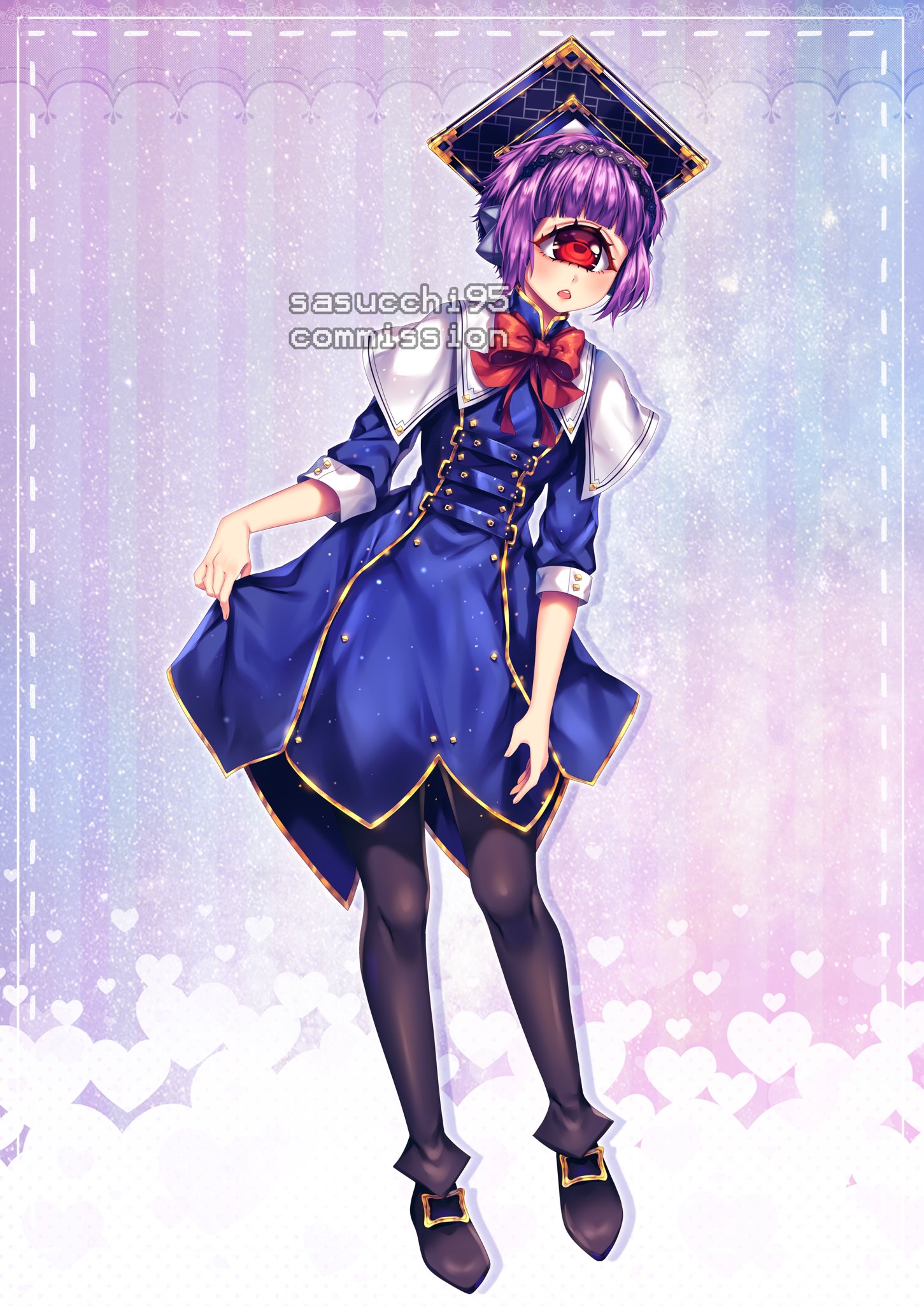 sasucchi95, original, commentary, commission, english commentary, highres, 1girl, artist name, black hairband, black halo, black pantyhose, black shoes, blue dress, blunt bangs, blush, bob cut, bow, bowtie, breasts, buttons, capelet, chestnut mouth, cyclops, double-breasted, dress, drop shadow, gold buttons, gold trim, hairband, halo, inset border, inverted bob, leaning forward, looking at viewer, medium dress, one-eyed, open mouth, outline, pantyhose, purple background, rectangular halo, red bow, red bowtie, red eyes, shoes, short hair, simple background, skirt hold, small breasts, solo, standing, striped background, teeth, three-quarter sleeves, turtleneck, turtleneck dress, upper teeth only, vertical-striped background, watermark, white capelet, white outline