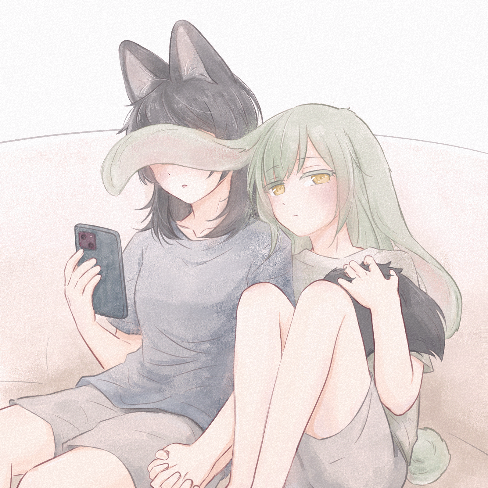 yakaze (yakaze1604), wakaba mutsumi, yahata umiri, bang dream!, bang dream! it's mygo!!!!!, highres, 2girls, animal ears, cellphone, couch, covering another's eyes, grabbing another's tail, grey hair, grey shirt, grey shorts, holding, holding hands, holding phone, interlocked fingers, kemonomimi mode, long hair, multiple girls, on couch, phone, rabbit ears, rabbit girl, rabbit tail, shirt, shorts, smartphone, tail, wolf ears, wolf girl, wolf tail, yellow eyes, yuri