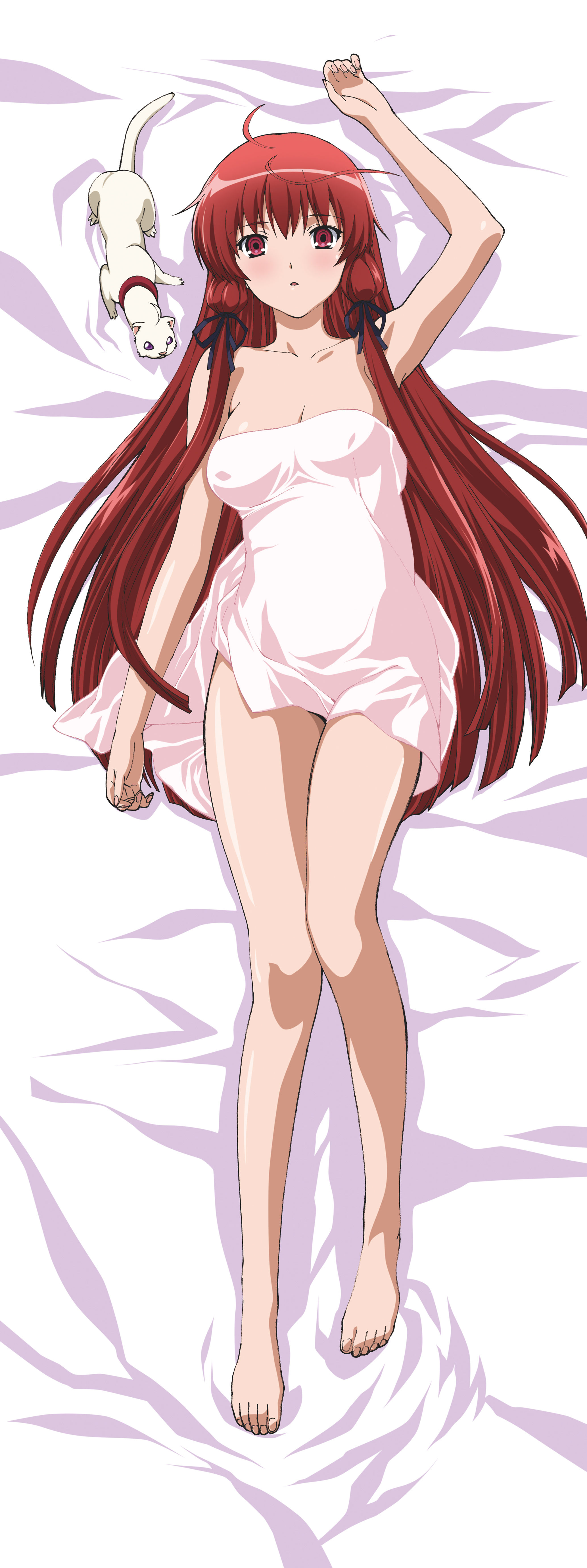himuro akari, night wizard, absurdres, highres, long image, tall image, 00s, 1girl, barefoot, blush, feet, female focus, long hair, naked towel, red eyes, red hair, skirt, solo, towel