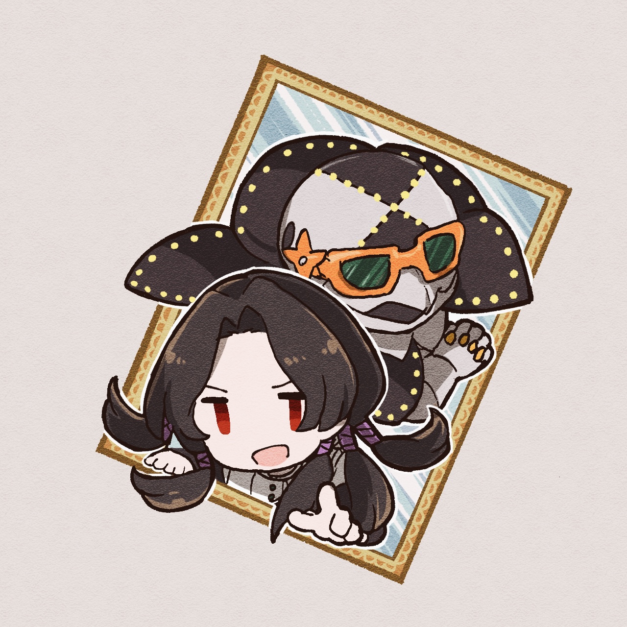 kasasagi (hinagi), illuso, man in the mirror (stand), jojo no kimyou na bouken, vento aureo, highres, 1boy, :d, brown hair, chibi, chibi only, grey background, long hair, looking at viewer, male focus, mirror, open mouth, orange-framed eyewear, red eyes, smile, stand (jojo), sunglasses, v-shaped eyebrows