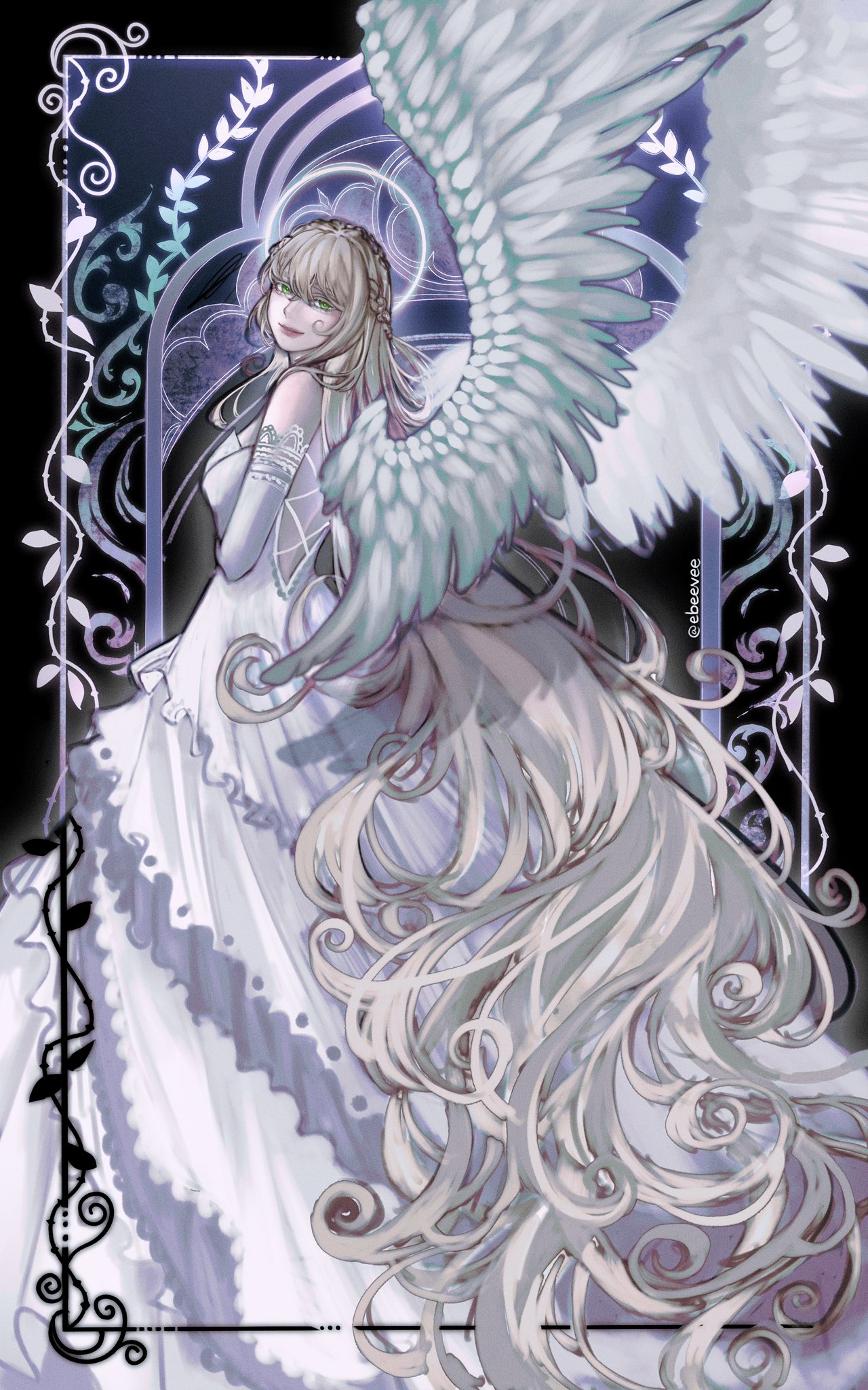 evie (baoxiao), uriel (omniscient reader's viewpoint), omniscient reader's viewpoint, highres, 1girl, blonde hair, blunt bangs, border, braid, breasts, detached sleeves, dress, feathered wings, full body, green eyes, hair flowing over, hair over shoulder, halo, halo behind head, lace trim, long hair, looking at viewer, ornate border, outside border, sidelocks, smile, solo, very long hair, wavy hair, white dress, white wings, wings, wreath