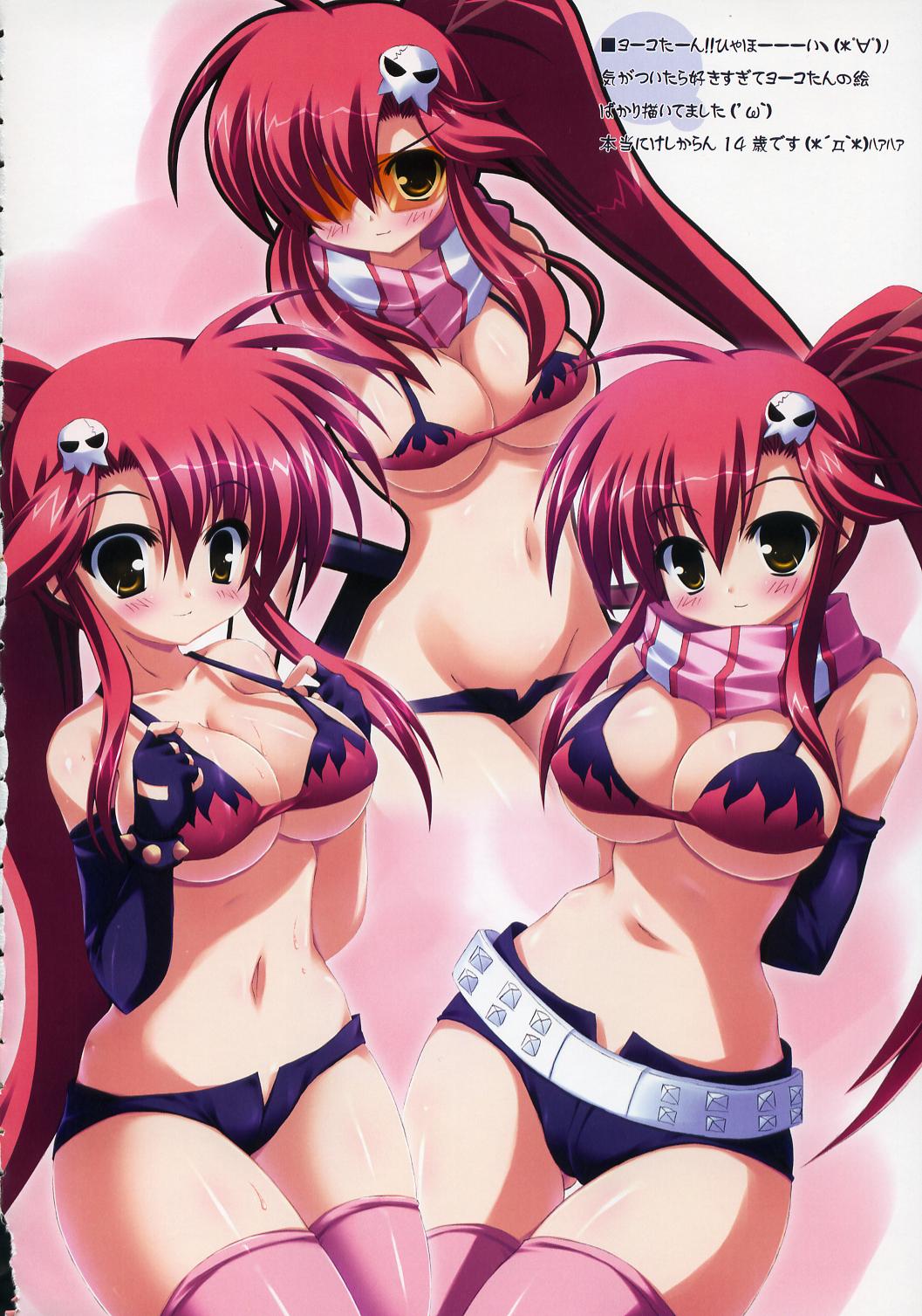 takeponi, yoko littner, tengen toppa gurren lagann, visor, artbook, highres, scan, scan artifacts, translation request, 00s, 1girl, blush, breasts, cleavage, clone, large breasts, long hair, multiple views, orange-tinted eyewear, orange-tinted glasses, red hair, safety glasses, sunglasses, thighhighs, tinted eyewear, underboob, yellow eyes