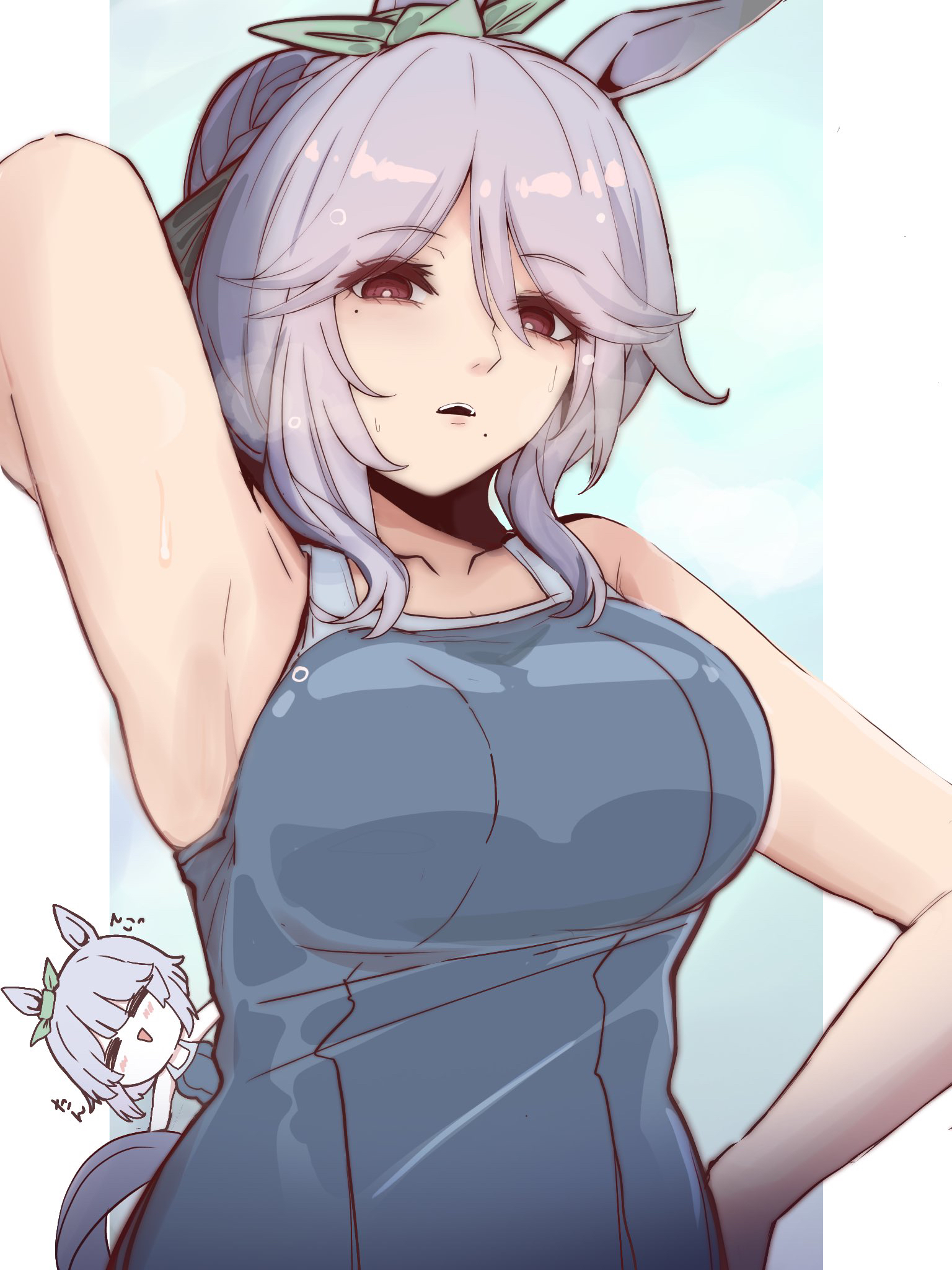kawamochi (tddm3573), mejiro family matriarch, umamusume, character request, check character, highres, translation request, animal ears, arm up, armpits, bare arms, bare shoulders, blue one-piece swimsuit, blue sky, bow, breasts, brown eyes, chibi, cloud, ear ribbon, green ribbon, grey hair, hair between eyes, hand on own hip, horse ears, horse girl, horse tail, large breasts, looking at viewer, mole, mole under eye, mole under mouth, one-piece swimsuit, parted lips, ribbon, sky, swimsuit, tail