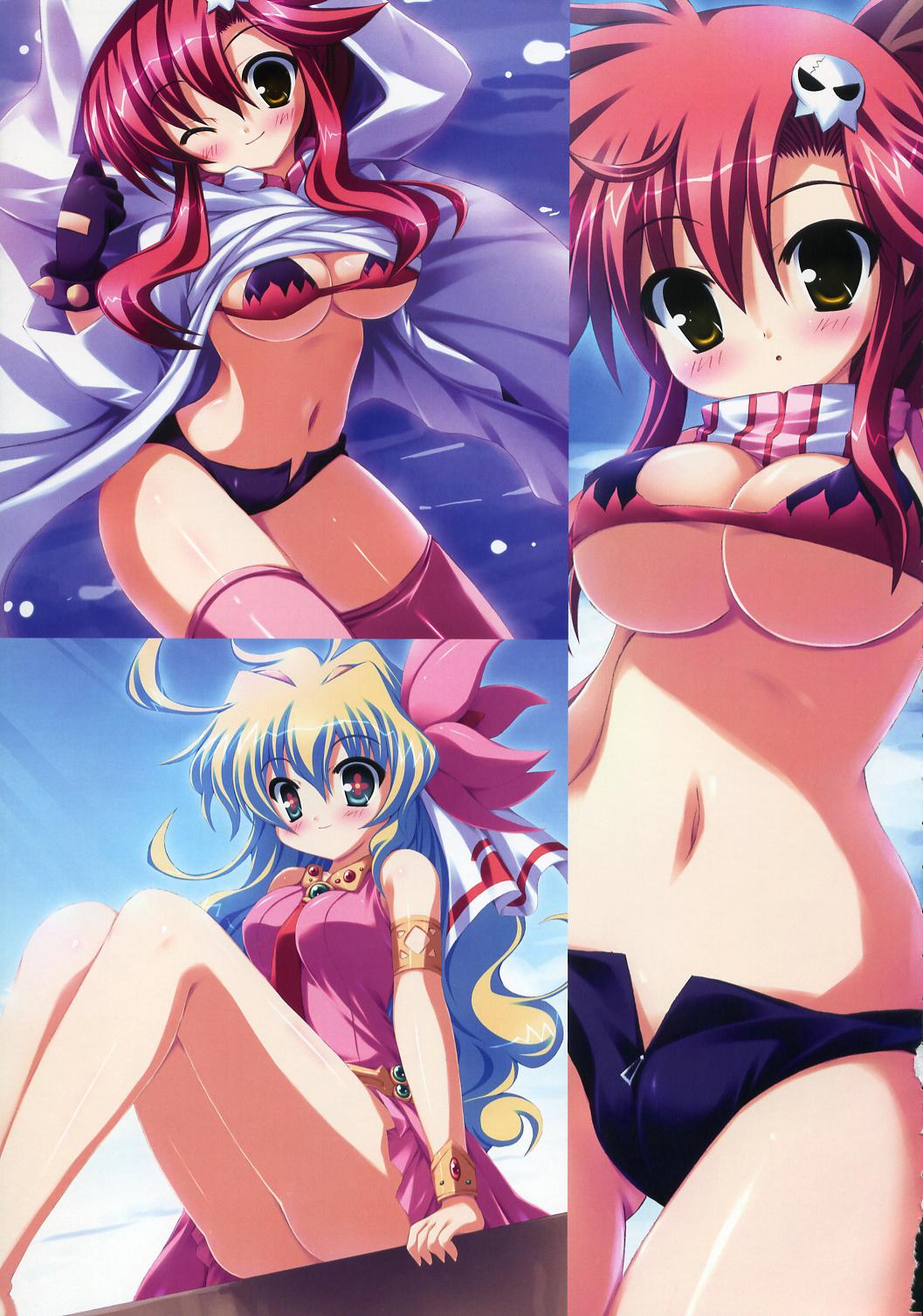 takeponi, nia teppelin, yoko littner, tengen toppa gurren lagann, artbook, highres, 00s, 2girls, blush, breasts, cleavage, large breasts, long hair, midriff, multiple girls, navel, one eye closed, open mouth, red hair, thighhighs, underboob, wink, yellow eyes