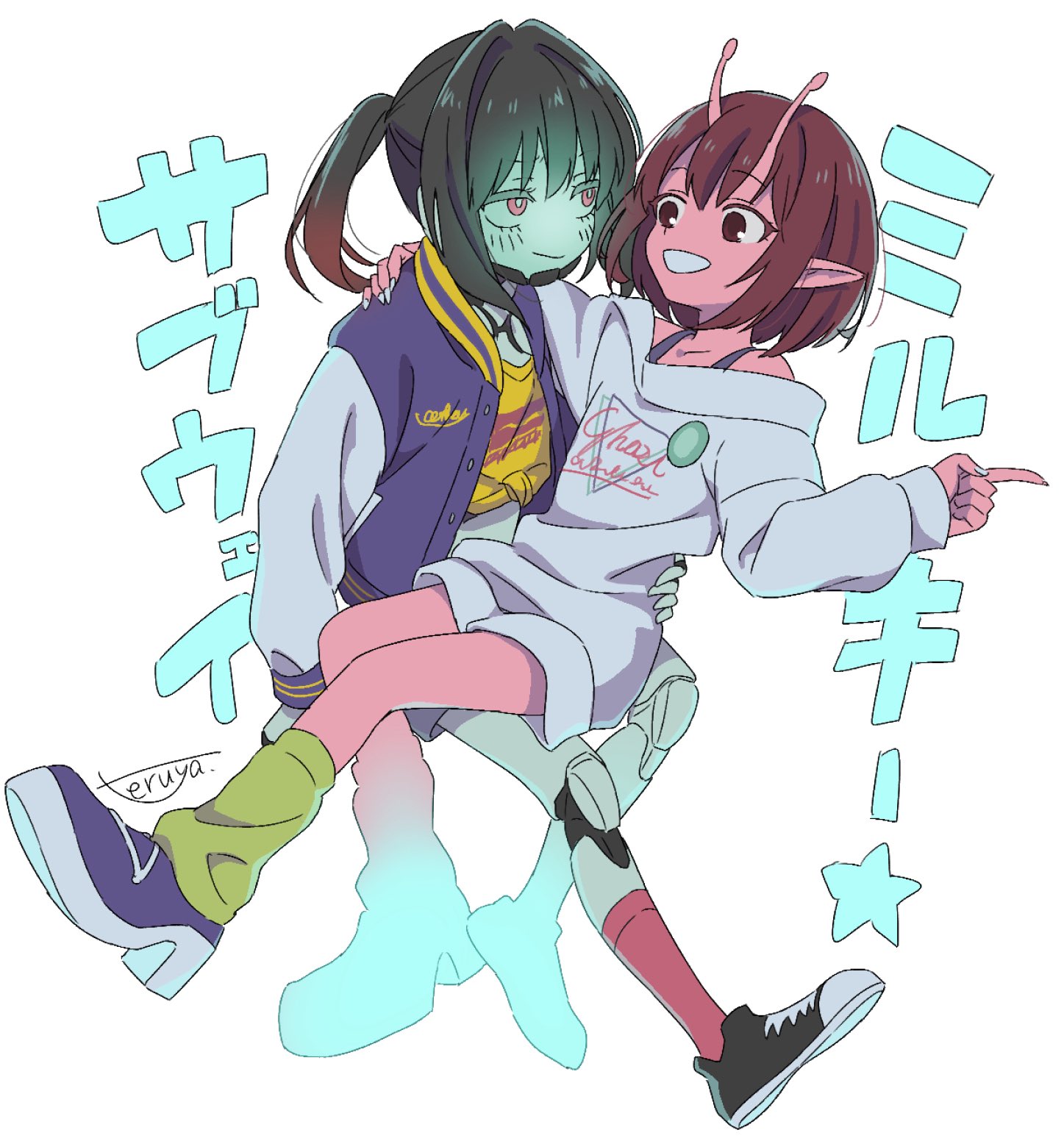 teruya (6w6y), kujo chiharu, kurusu makina (milky galactic universe), milky subway, highres, 2girls, antennae, artist name, black hair, black shoes, brown eyes, brown hair, closed mouth, colored skin, green socks, grin, jacket, loose socks, medium hair, multiple girls, purple jacket, purple shoes, red eyes, red skin, robot girl, shirt, shoes, short hair, smile, socks, sweater, white background, white sweater, yellow shirt