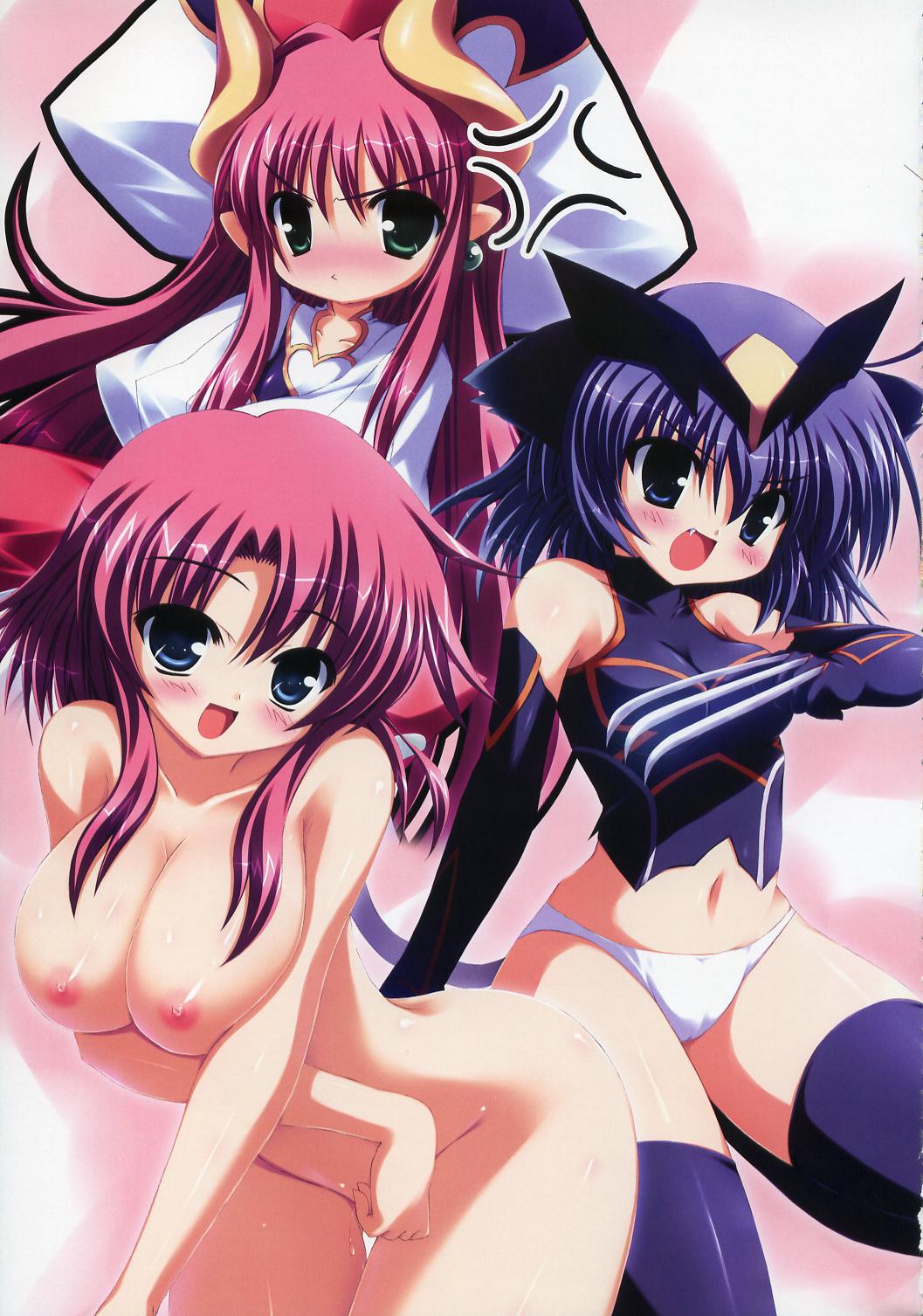 takeponi, artbook, highres, scan, 3girls, blue eyes, blue hair, blush, breasts, breasts squeezed together, cleavage, fang, green eyes, large breasts, long hair, medium breasts, midriff, multiple girls, navel, nipples, nude, open mouth, panties, purple hair, short hair, thighhighs, underwear, white panties