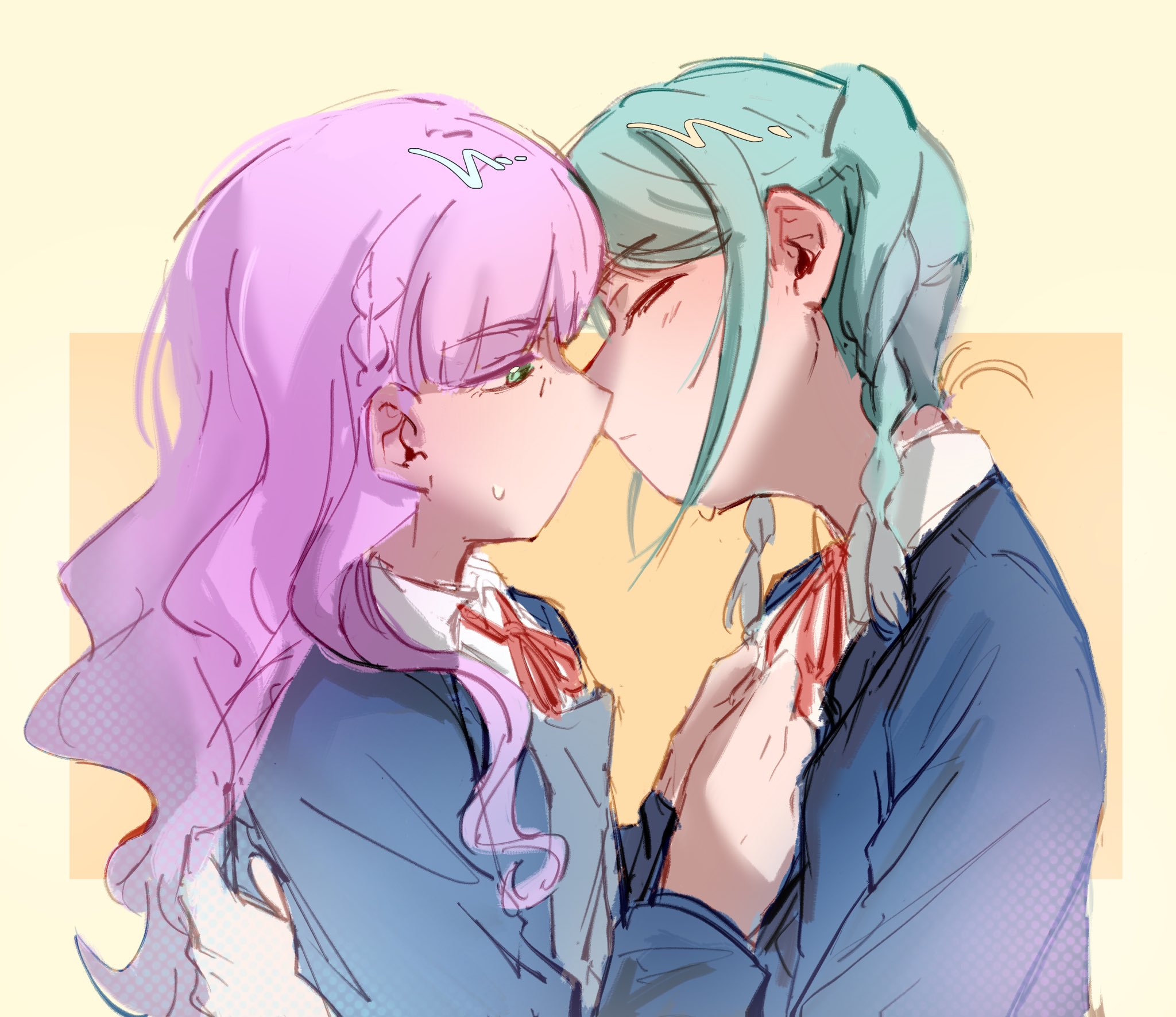 onitsuka tomari, wien margarete, love live!, love live! superstar!!, commentary request, highres, 2girls, aqua hair, blue jacket, closed eyes, closed mouth, collared shirt, green eyes, imminent kiss, jacket, long hair, looking at another, multiple girls, neck ribbon, pottatosoup, purple hair, red ribbon, ribbon, school uniform, shirt, sweatdrop, twintails, two-tone background, white shirt, yellow background, yuigaoka school uniform, yuri