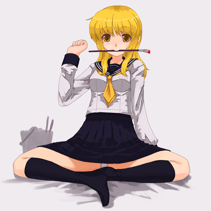 ktsecond, miyako (hidamari sketch), hidamari sketch, bad id, bad pixiv id, 00s, art brush, blonde hair, mouth hold, paintbrush, panties, pantyshot, school uniform, serafuku, socks, solo, underwear, yellow eyes