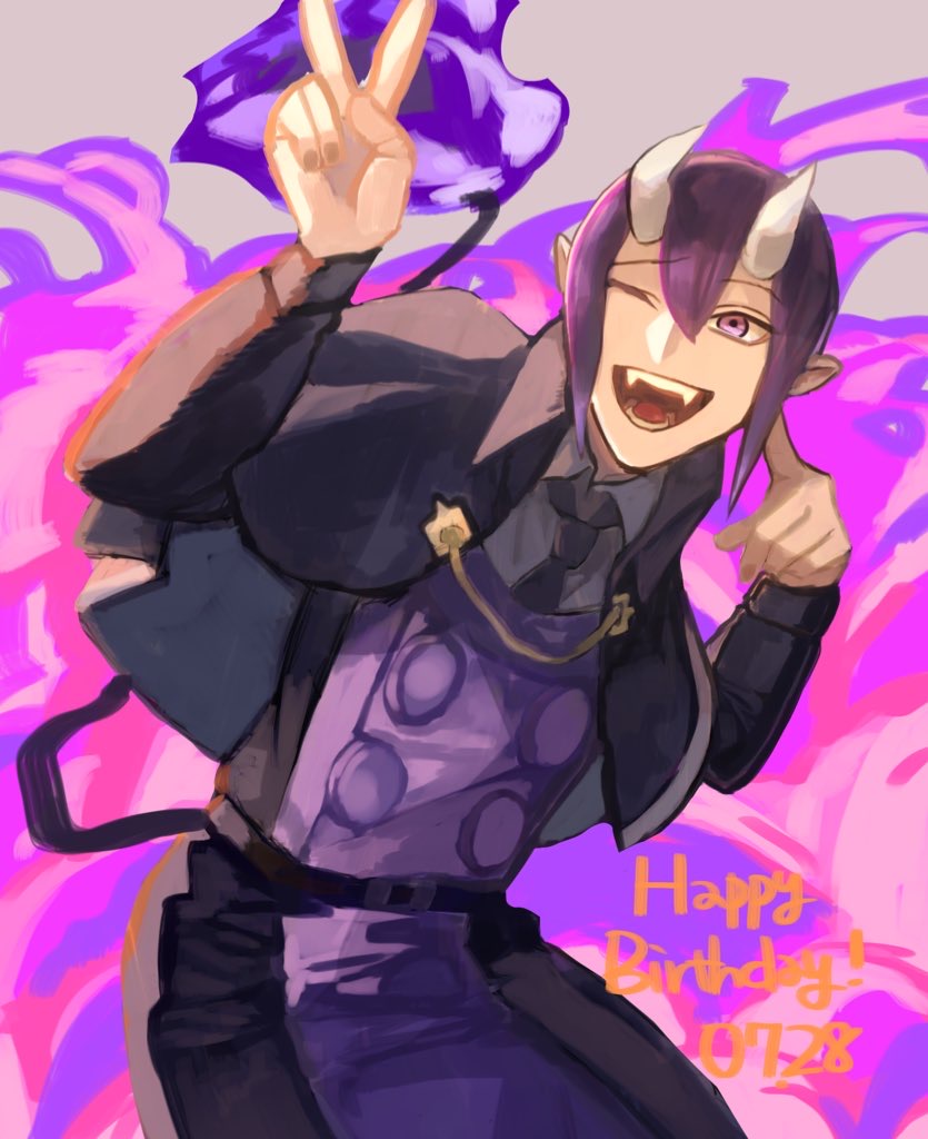 mairimashita! iruma-kun, 1boy, :d, capelet, dated, fire, flame-tipped tail, hair between eyes, happy birthday, horns, ifrit djinn eito, long sleeves, male focus, open mouth, purple hair, smile, solo, tail, v, yukisk