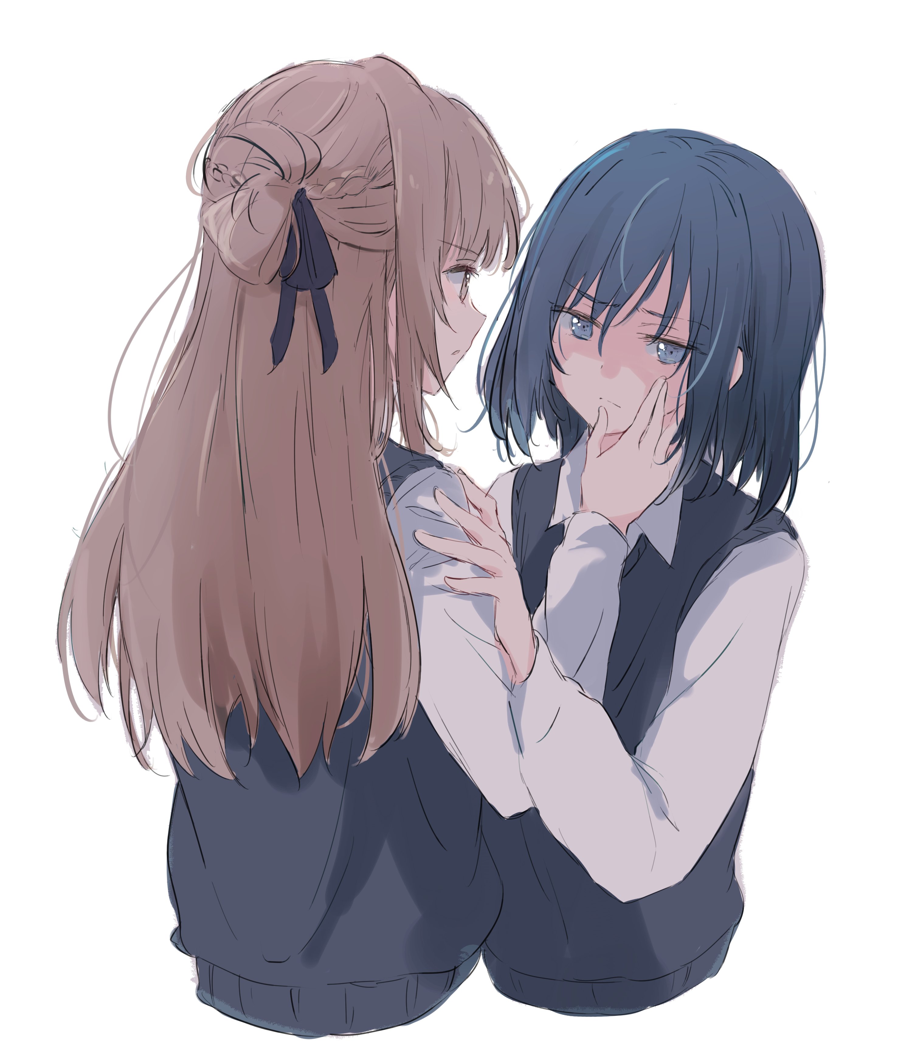 maromi (am97), miyagi shiori, sendai hazuki, shuuniichido classmate wo kau hanashi, absurdres, commentary request, highres, 2girls, black ribbon, black vest, blue eyes, blue hair, braid, brown eyes, brown hair, closed mouth, collared shirt, hair ribbon, half up braid, hand on another's arm, hand on another's face, long hair, medium hair, multiple girls, parted lips, ribbon, school uniform, shirt, simple background, vest, white background, white shirt, yuri