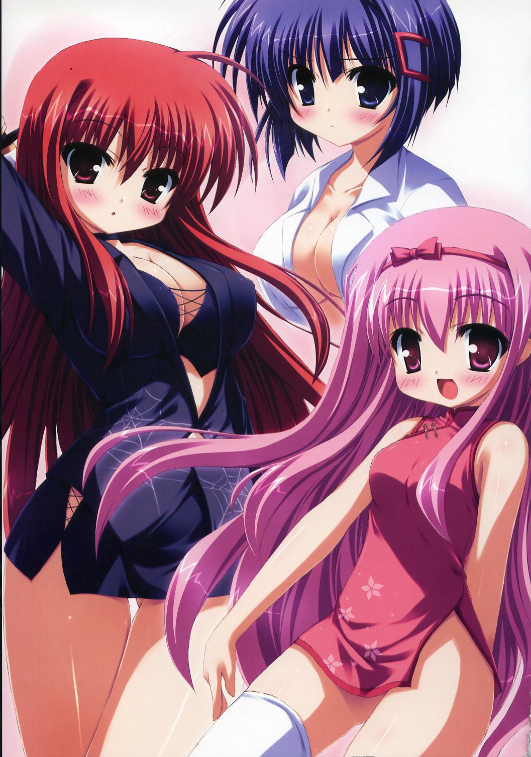 takeponi, fushimi makina, kifune mio, nomiya yuu, empty x embryo, artbook, highres, scan, 3girls, blue eyes, blue hair, blush, bottomless, breasts, china dress, chinese clothes, cleavage, dress, large breasts, long hair, multiple girls, no bra, open clothes, open mouth, open shirt, pink eyes, pink hair, red eyes, red hair, shirt, short hair, thighhighs