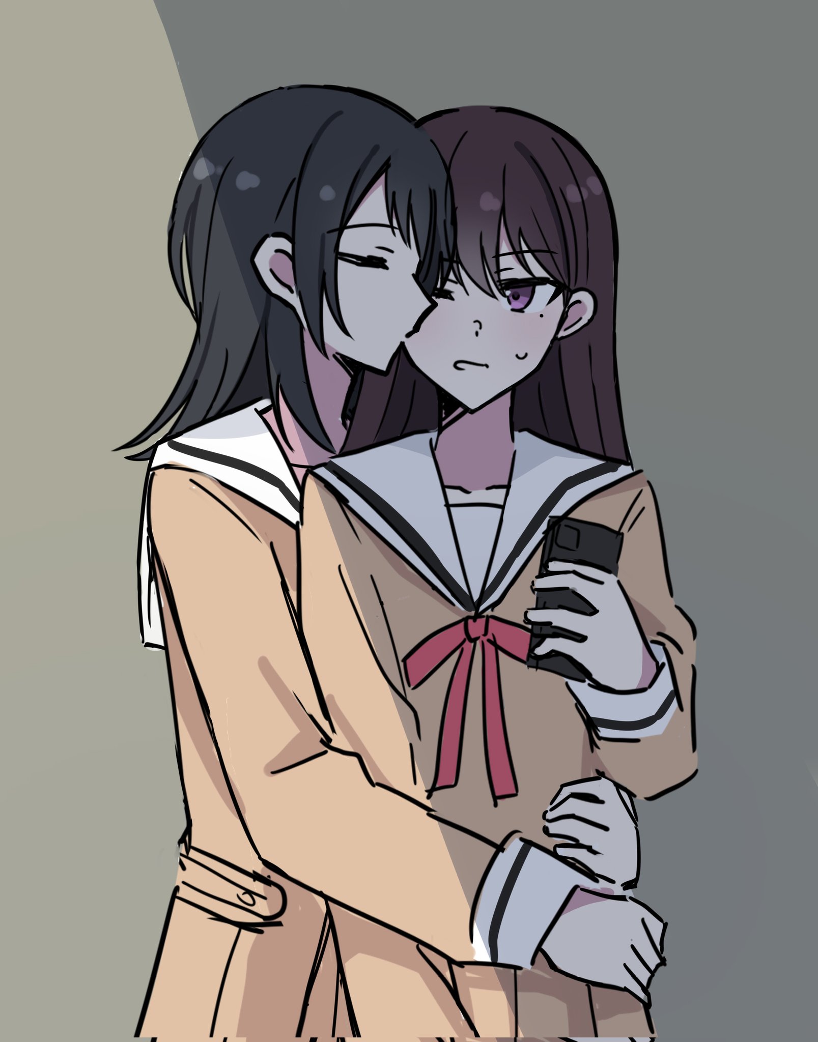 shiina taki, yahata umiri, bang dream!, bang dream! it's mygo!!!!!, commentary, hashtag-only commentary, highres, 2girls, black hair, brown dress, brown hair, cellphone, closed eyes, dress, hanasakigawa school uniform, hand on another's waist, holding, holding phone, kiss, kissing cheek, long hair, long sleeves, mole, mole under eye, multiple girls, parted lips, phone, purple eyes, red ribbon, ribbon, sailor collar, sailor dress, school uniform, shade, smartphone, white sailor collar, you100086, yuri