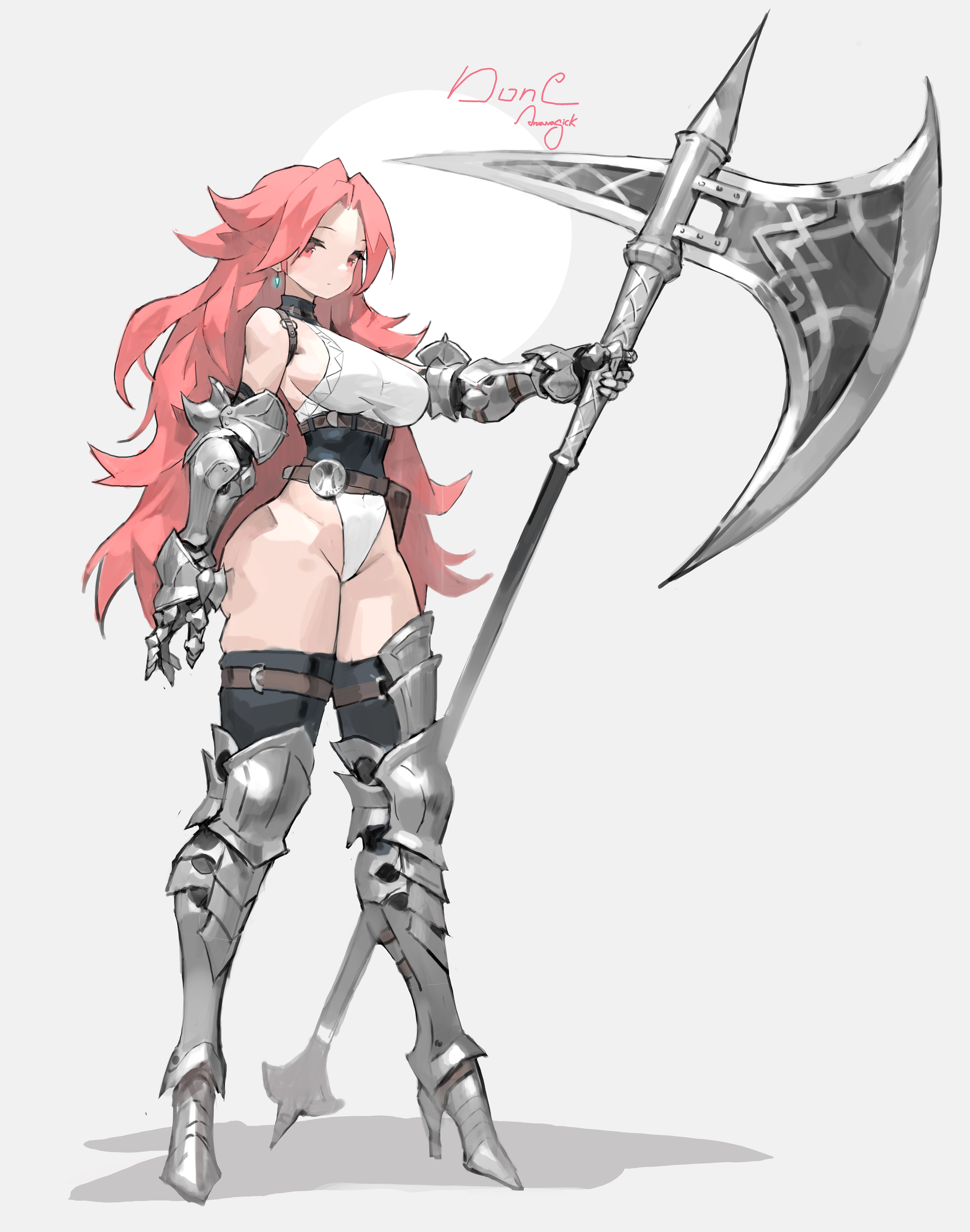 arowana2111, original, absurdres, commentary, english commentary, highres, making-of available, armored boots, boots, breasts, closed mouth, dated commentary, earrings, full body, gauntlets, grey background, groin, halberd, high heel boots, high heels, holding, holding polearm, holding weapon, jewelry, large breasts, leotard, long hair, looking at viewer, parted bangs, pink eyes, pink hair, polearm, sideboob, simple background, standing, thick thighs, thighs, weapon