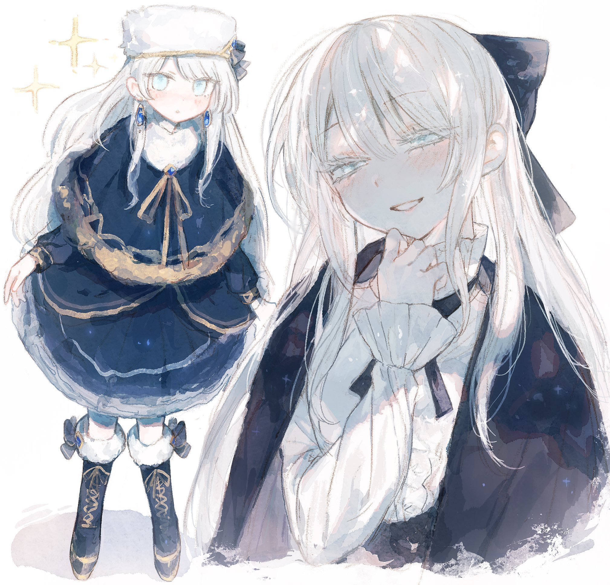 sippudayo, original, commentary, highres, symbol-only commentary, 1girl, :d, black boots, black bow, black dress, black jacket, black ribbon, blue eyes, blush, boots, bow, brown ribbon, colored eyelashes, cropped torso, double-parted bangs, dress, earrings, footwear bow, frilled sleeves, frills, full body, fur-trimmed boots, fur-trimmed dress, fur hat, fur trim, grin, hair between eyes, hair bow, half-closed eyes, hand on own chin, hat, jacket, jewelry, lace-up boots, leaning forward, long hair, long sleeves, multiple views, neck ribbon, open clothes, open jacket, open mouth, pale skin, puffy long sleeves, puffy sleeves, ribbon, shirt, sidelocks, simple background, smile, sparkle, standing, straight hair, turtleneck, turtleneck shirt, very long hair, white background, white eyelashes, white hair, white hat, white shirt