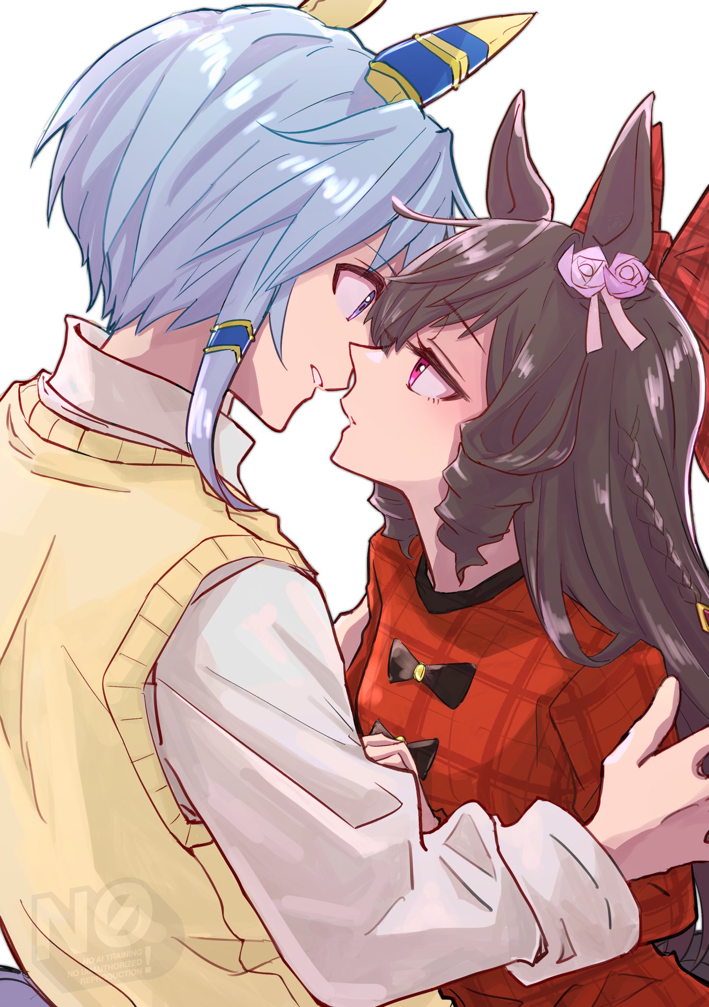 gogono pan'ya, daiichi ruby (umamusume), k.s.miracle (umamusume), umamusume, commentary request, highres, 2girls, animal ears, blue eyes, blue hair, brown hair, collared shirt, dress, ear covers, eye contact, horse ears, horse girl, long hair, long sleeves, looking at another, multiple girls, parted lips, pink eyes, red dress, shirt, simple background, sweater vest, white background, white shirt, yellow sweater vest, yuri