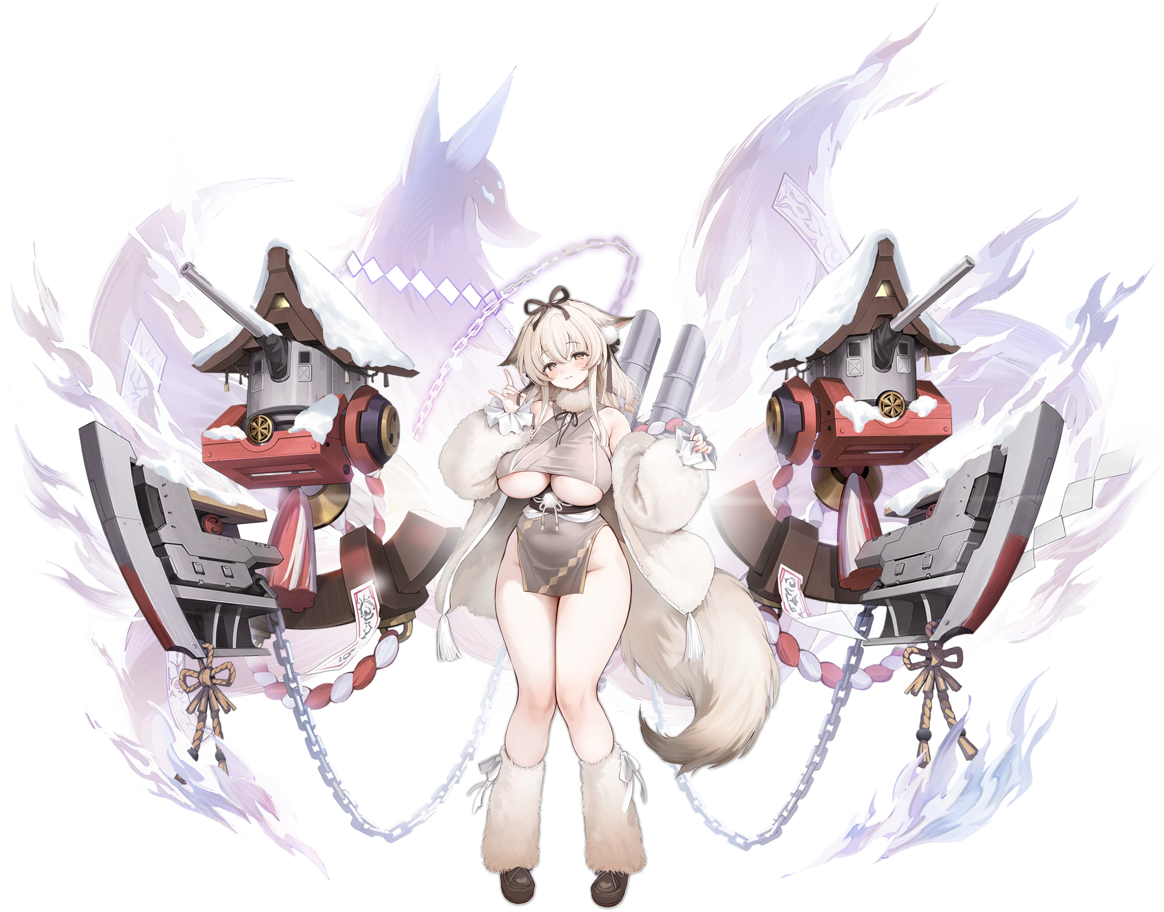 minase (azur lane), azur lane, absurdres, highres, non-web source, official art, 1girl, animal ear fluff, animal ears, breasts, brown eyes, brown hair, brown jacket, brown shoes, chain, dress, fox ears, fox girl, fox tail, full body, fur collar, fur jacket, grey dress, jacket, japanese clothes, kouhaku nawa, large breasts, long sleeves, looking at viewer, medium hair, ofuda, pelvic curtain, rigging, rope, shide, shimenawa, shoes, solo, tail, torpedo tubes, underboob