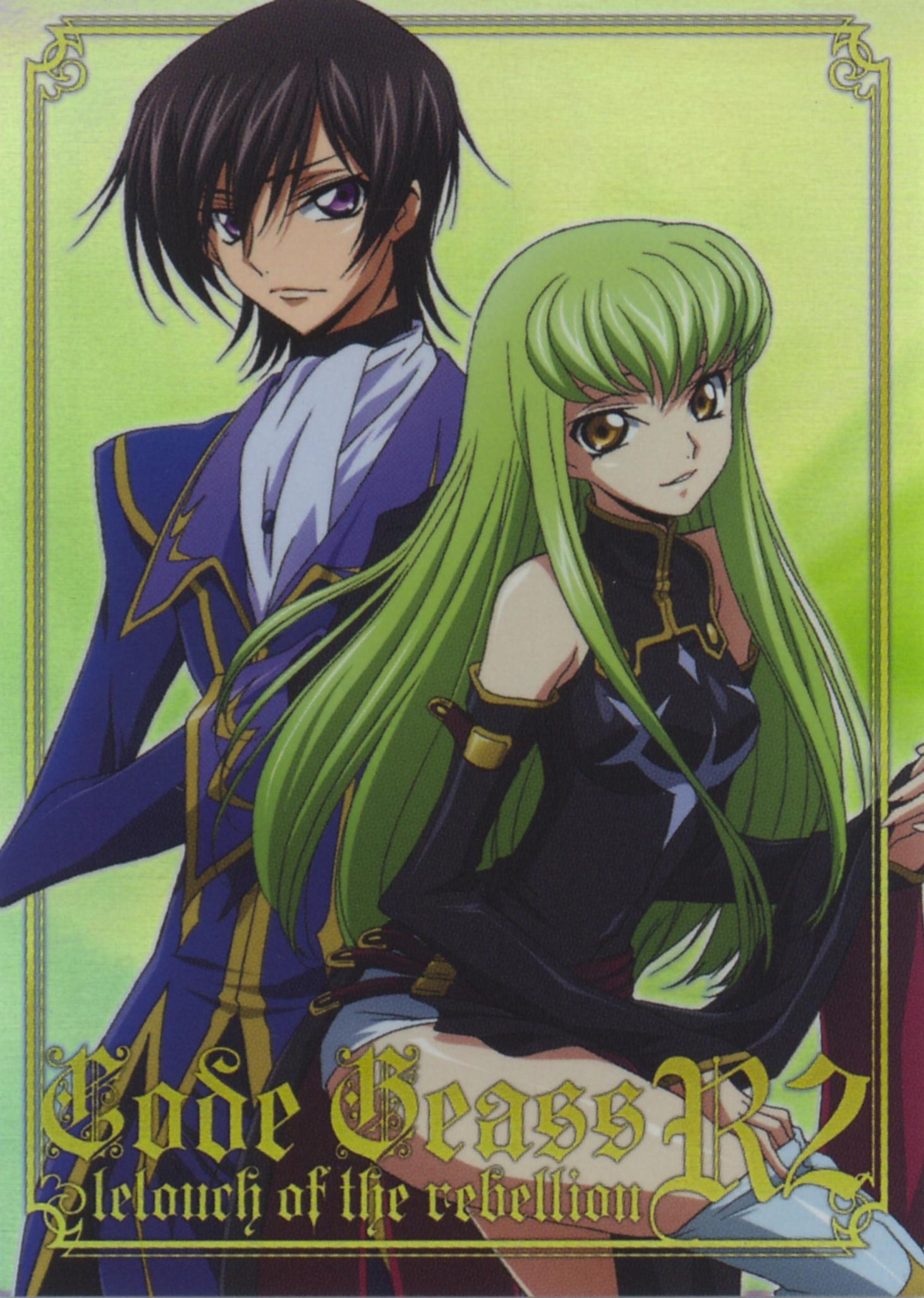 c.c., lelouch vi britannia, code geass, highres, scan, 00s, 1boy, 1girl, black dress, black hair, copyright name, dress, green background, green eyes, green hair, long hair, long sleeves, looking at viewer, military, military uniform, purple eyes, simple background, text focus, thighhighs, very long hair, white thighhighs