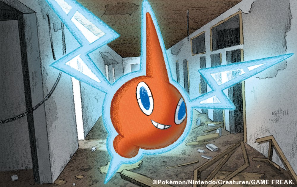 nakai mina, rotom, rotom (normal), nintendo, pokemon, pokemon tcg, commentary request, official art, blue eyes, company name, copyright name, copyright notice, debris, floating, full body, gen 4 pokemon, indoors, no humans, pokemon (creature), pokemon focus, smile, solo, teeth