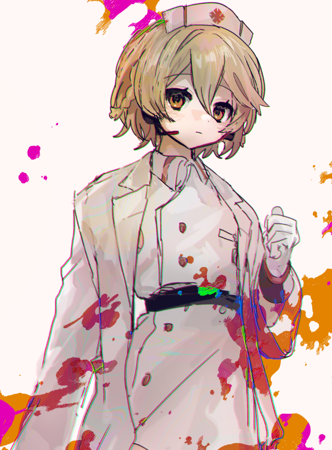 sanotsuki (mochi0101 831), nurse robot type t, utau, 1girl, belt, brown hair, buttons, chromatic aberration, closed mouth, coat, double-breasted, expressionless, gloves, hair between eyes, hat, jacket, long sleeves, looking at viewer, nurse cap, open clothes, open coat, orange eyes, paint splatter, portrait, short hair, solo, upper body, white background, white coat, white gloves, white jacket
